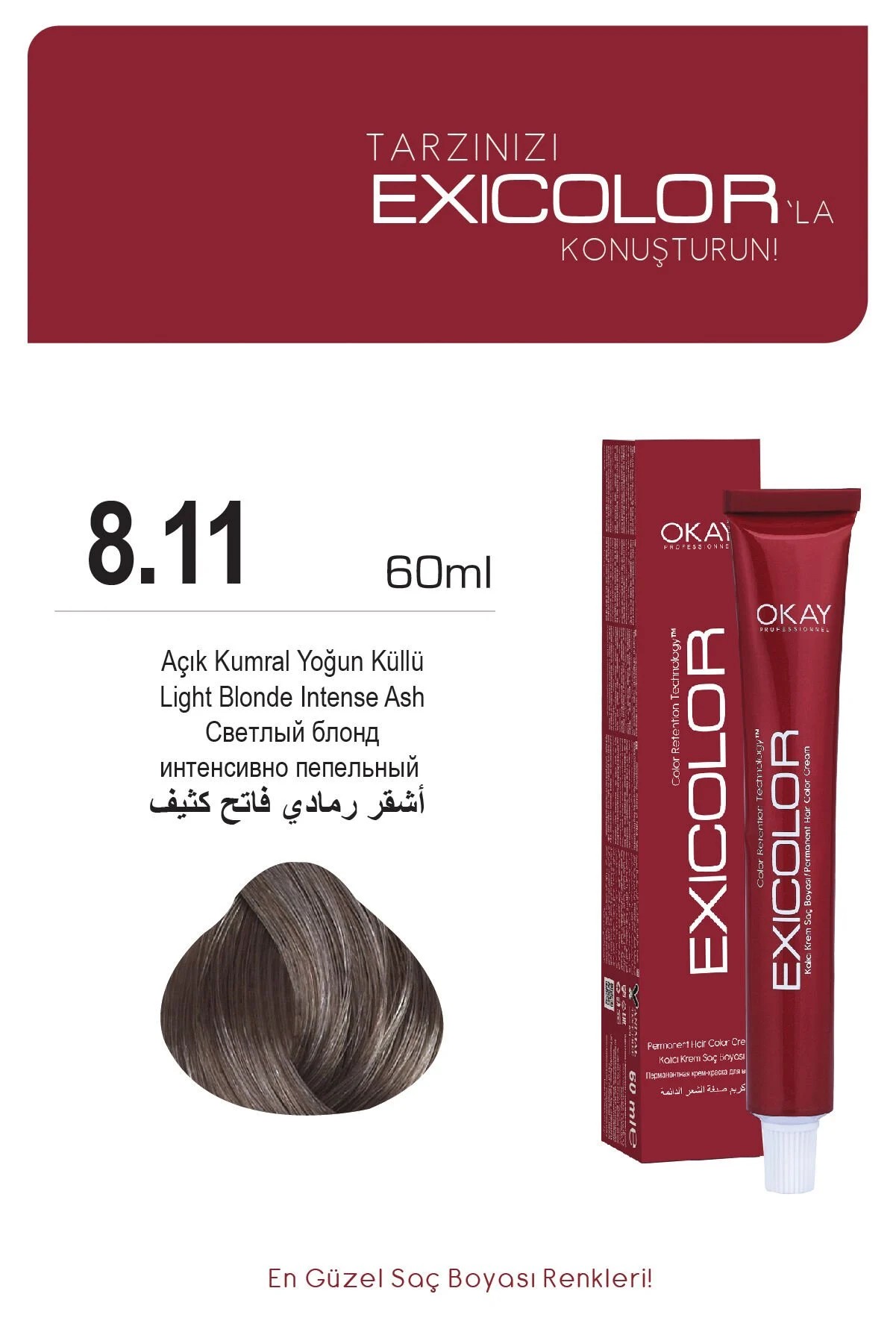 Exicolor 8.11 Açık Kumral Yoğun Küllü - Kalıcı Krem Saç Boyası 60 ml Tüp