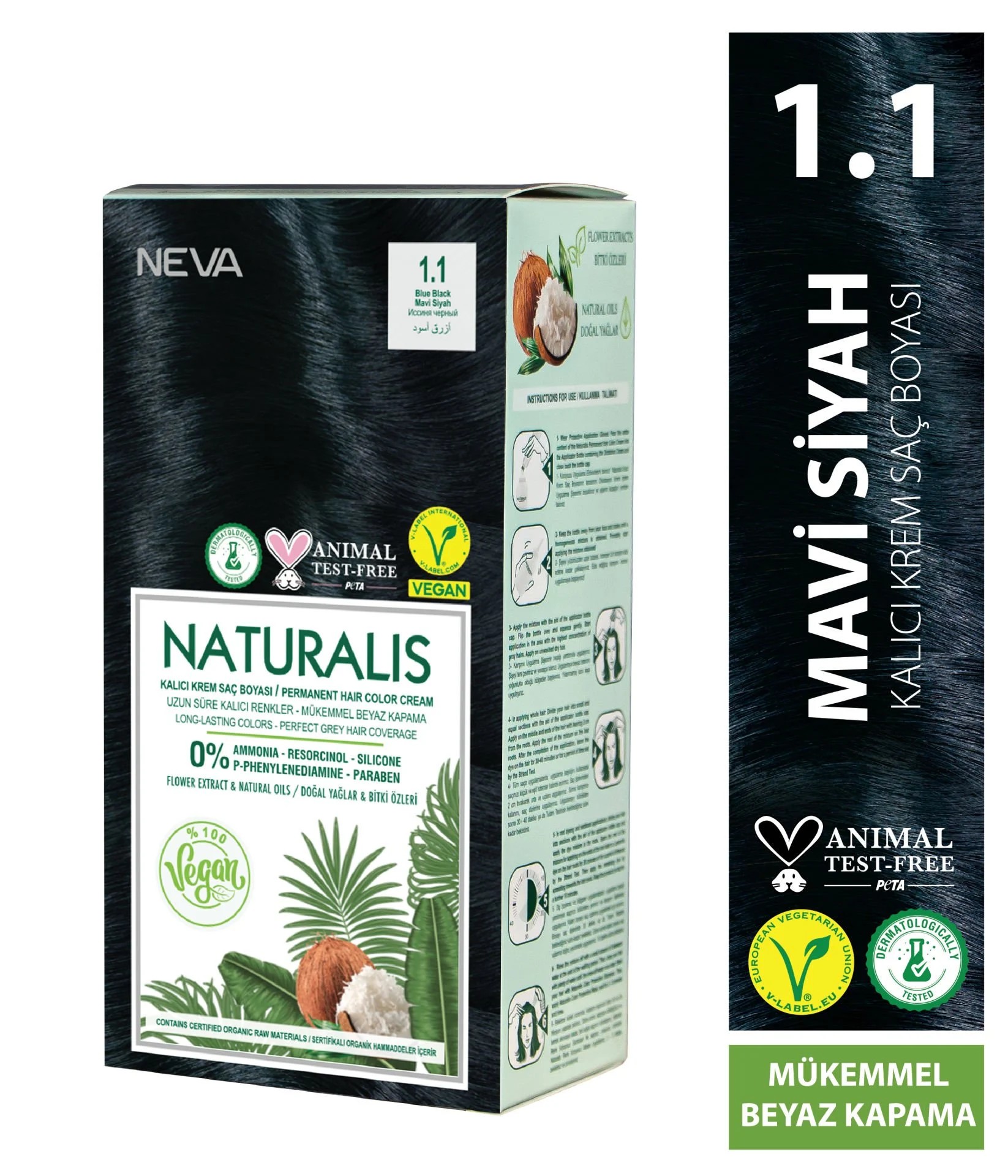 Nevacolor Naturalis Vegan Mavi Siyah 1.1 Kalıcı Krem Saç Boyası Seti