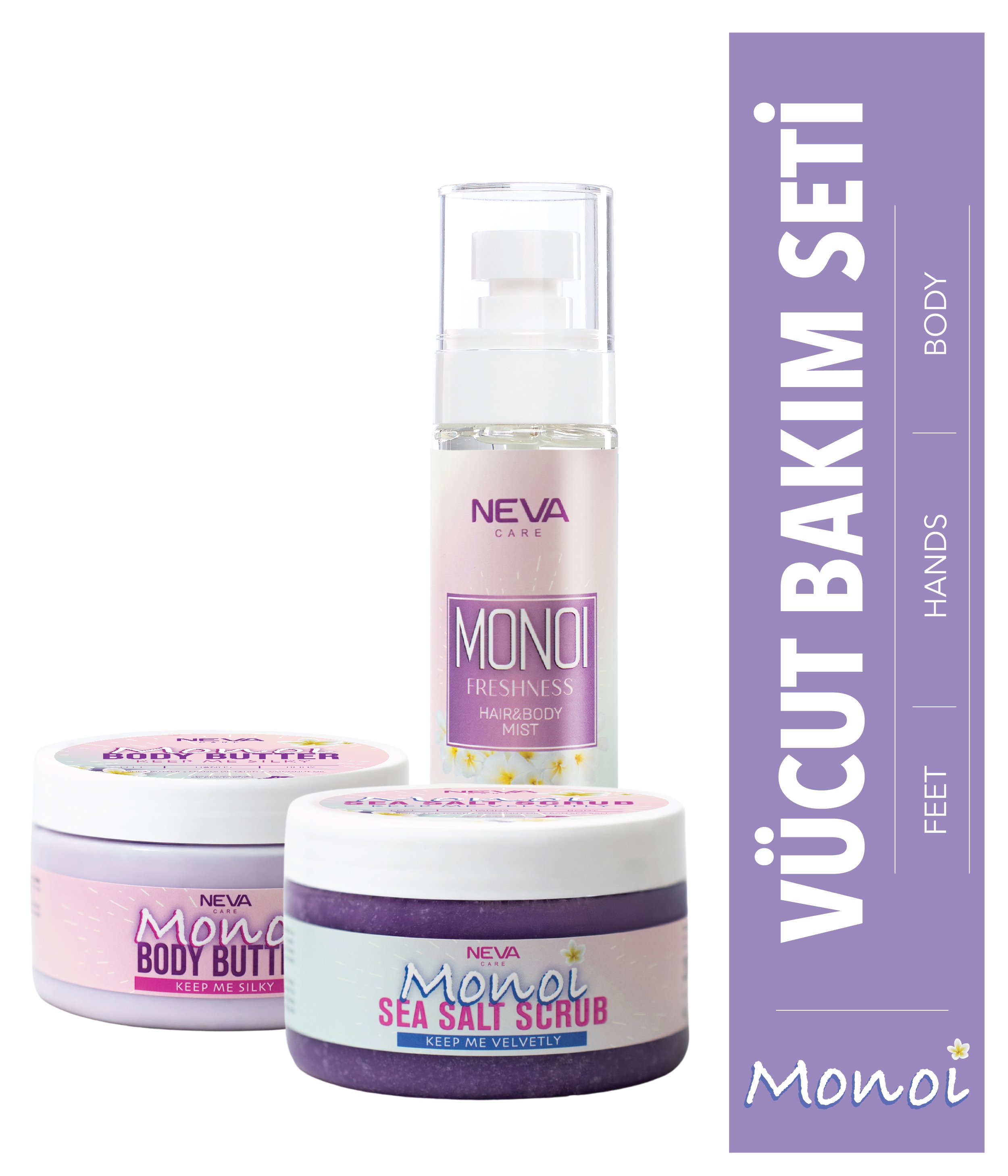 MONOI 3'LÜ VÜCUT BAKIM SETİ (Haır Body Mıst 100ml + Scrub 350g + Butter 250ml)