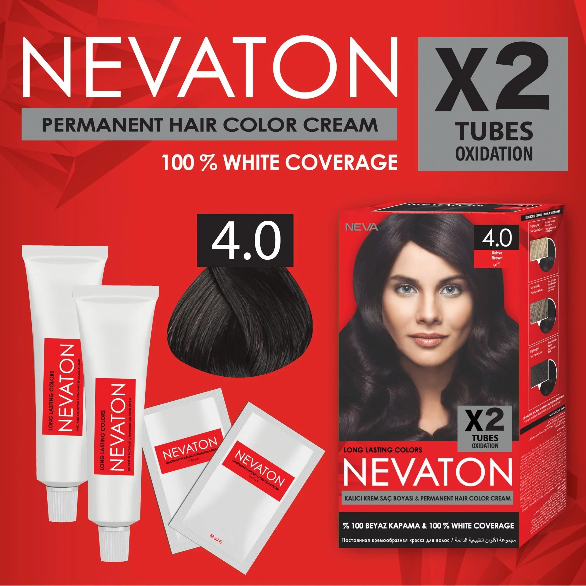 NEVATON 2 x 2'Lİ SET 4.0 KAHVE Kalıcı Krem Saç Boyası Seti (4 boya + 4 oksidan)