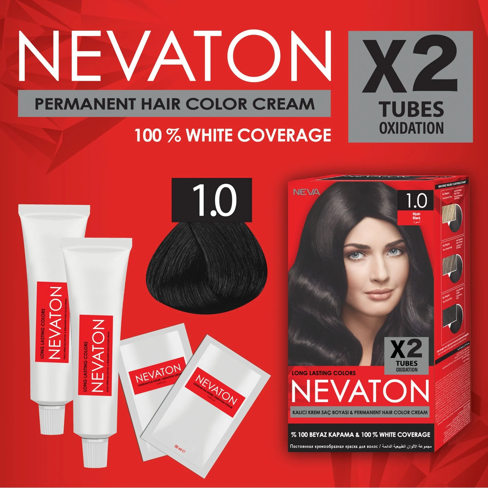 NEVATON 2 x 2'Lİ SET 1.0 SİYAH Kalıcı Krem Saç Boyası Seti (4 boya + 4 oksidan)