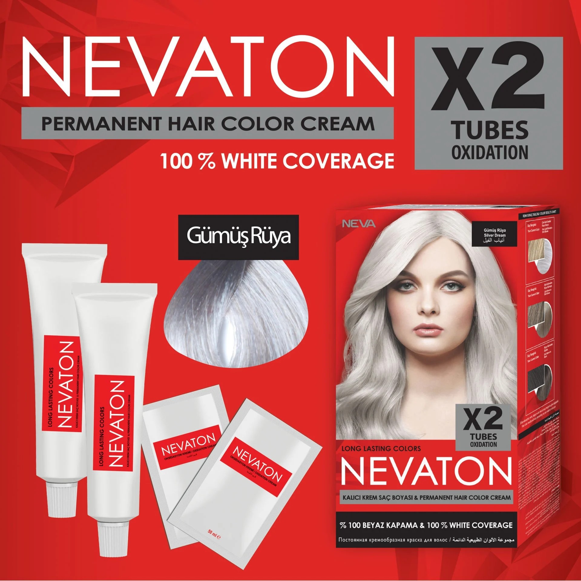 NEVATON 2 x 2'Lİ SET GÜMÜŞ RÜYA Kalıcı Krem Saç Boyası Seti (4 boya + 4 oksidan)