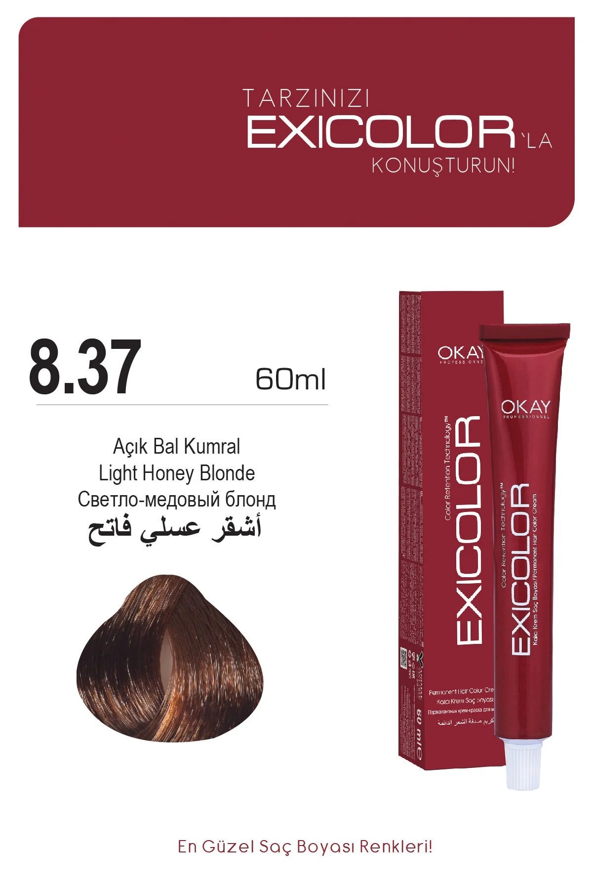 Exicolor 8.37 Açık Bal Kumral - Kalıcı Krem Saç Boyası 60 ml Tüp