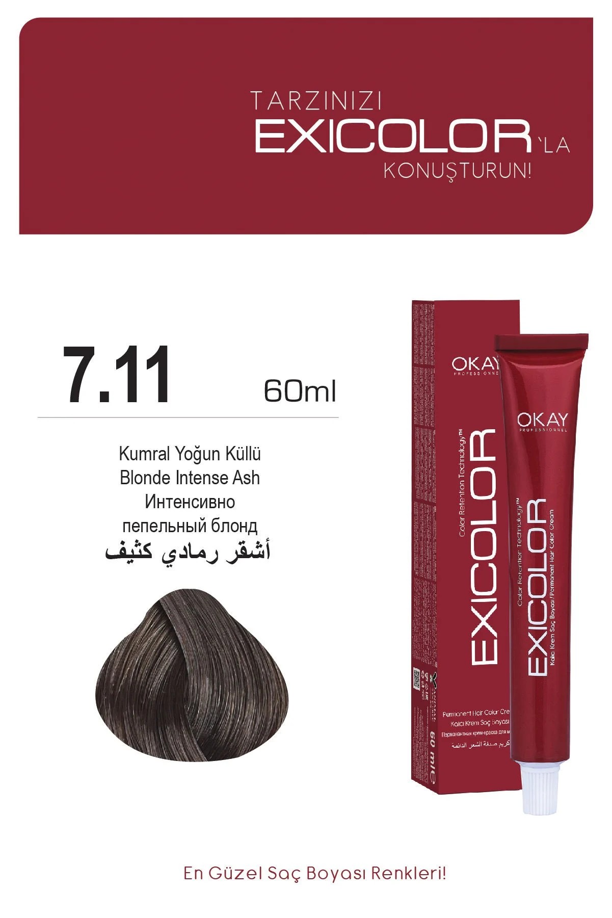 Exicolor 7.11 Kumral Yoğun Küllü- Kalıcı Krem Saç Boyası 60 ml Tüp