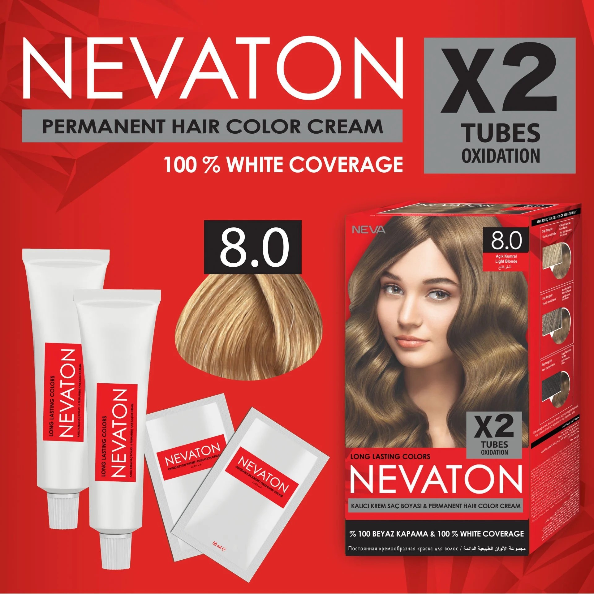 NEVATON 2 x 2'Lİ SET 8.0 AÇIK KUMRAL Kalıcı Krem Saç Boyası Seti (4 boya + 4 oksidan)