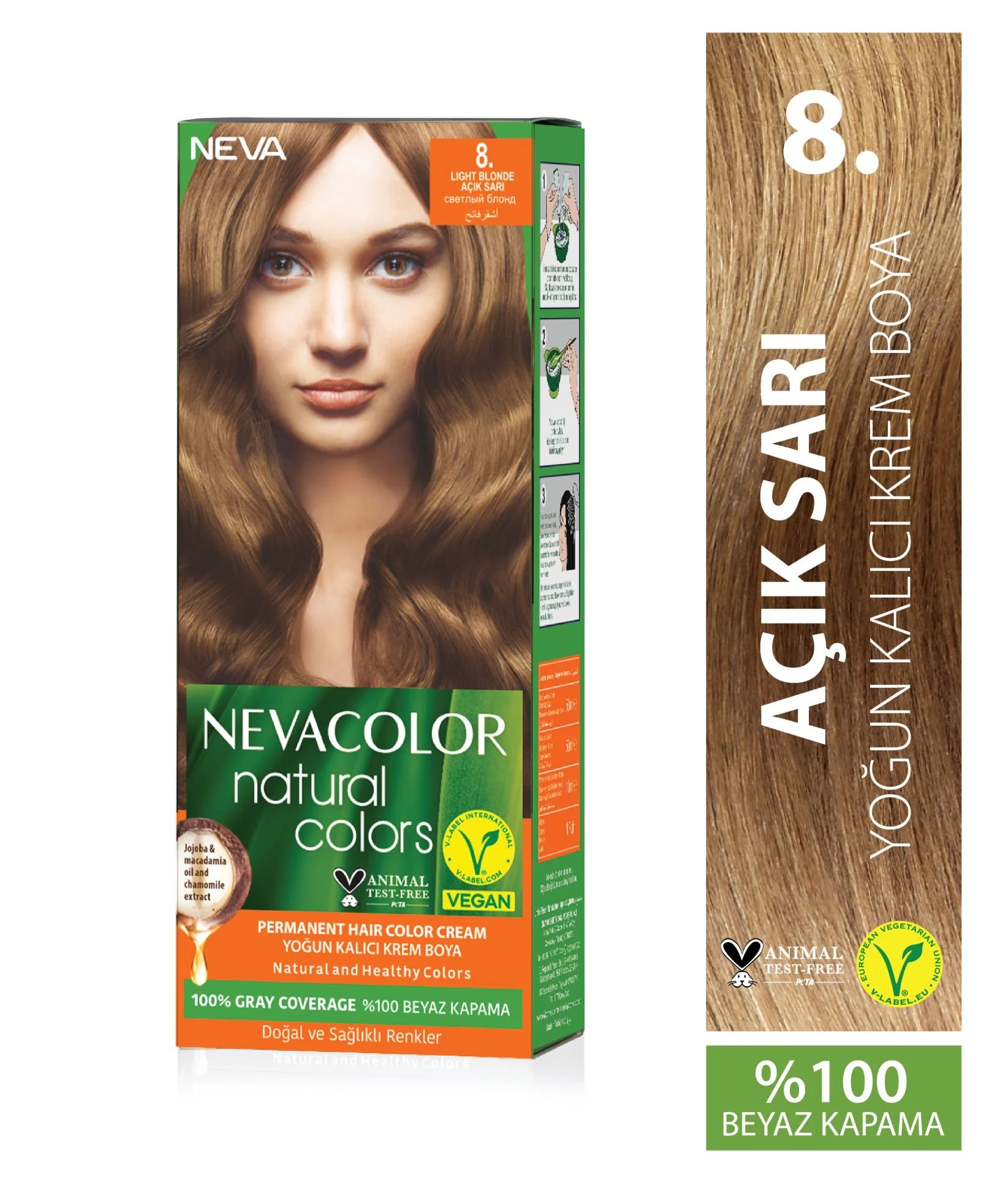 Nevacolor Natural Colors 8. Açık Sarı - Kalıcı Krem Saç Boyası Seti