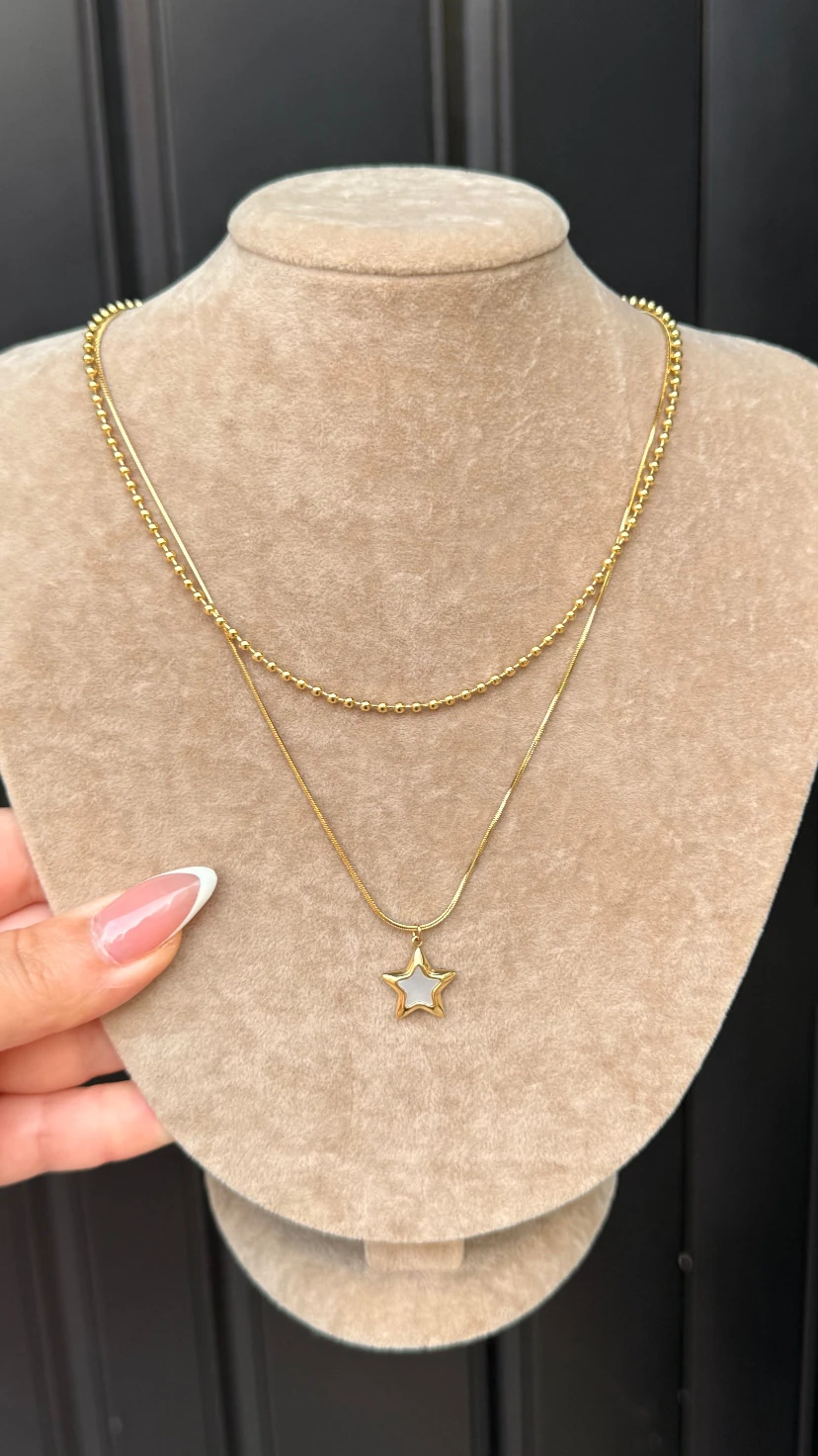 Çelik Yıldız Detaylı 2 li Kolye