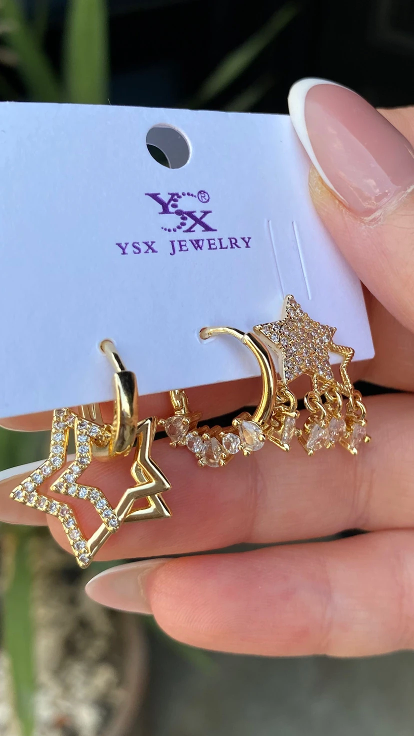 Çelik Taş Detaylı 3 lü Yıldız Küpe