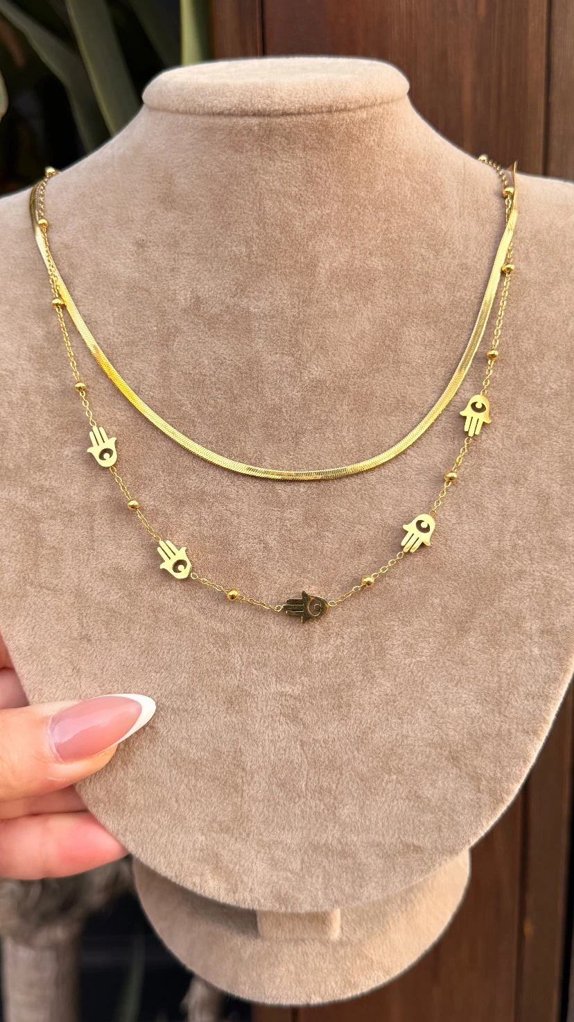 Çelik 2 li Hamsa Detaylı Kolye