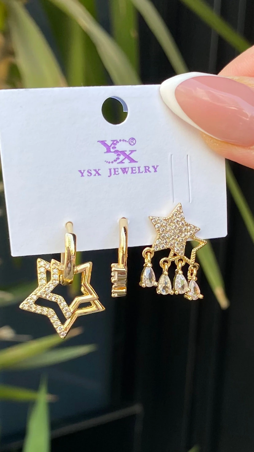 Çelik Taş Detaylı 3 lü Yıldız Küpe