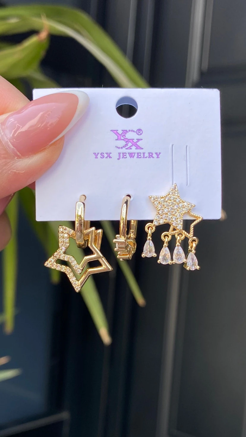 Çelik Taş Detaylı 3 lü Yıldız Küpe