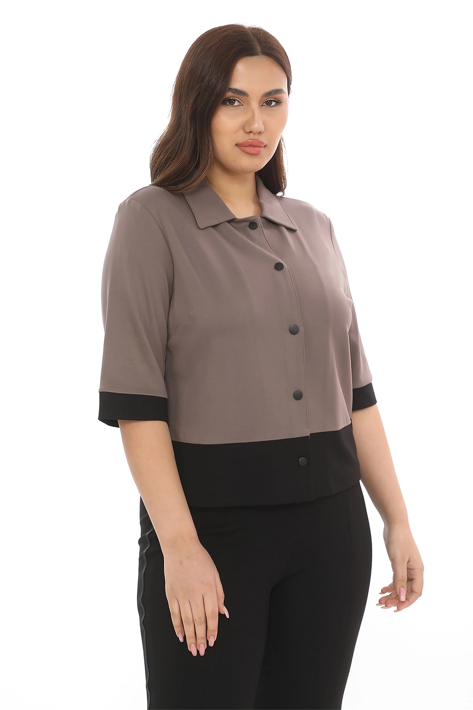 Sezonluk Önü Çıt Çıtlı Zarif 3/4 Kollu Şık Ofis Günlük Ceket - Vizon