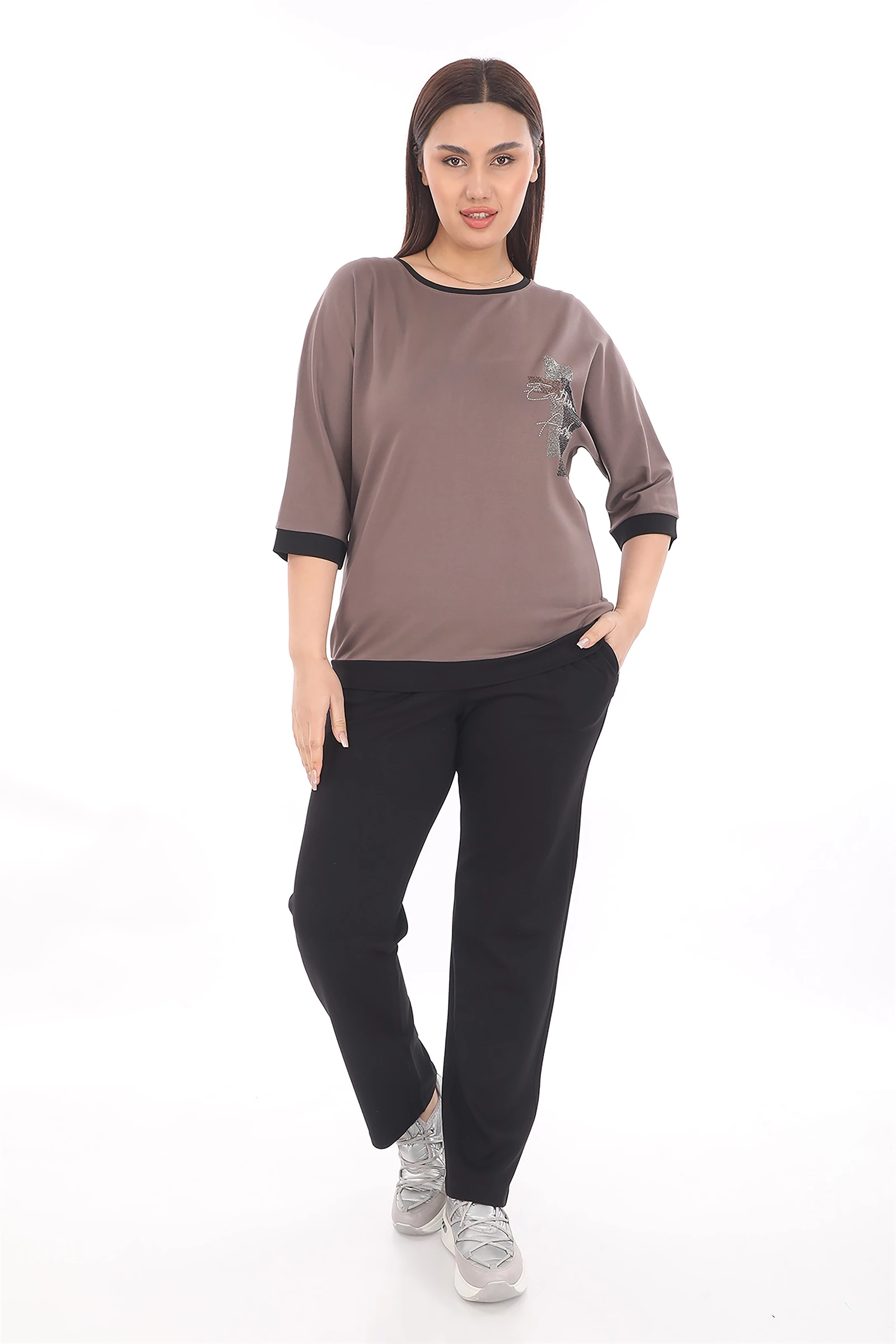 Yazlık Taşlı Beli Lastikli Eşofman Takım - Vizon