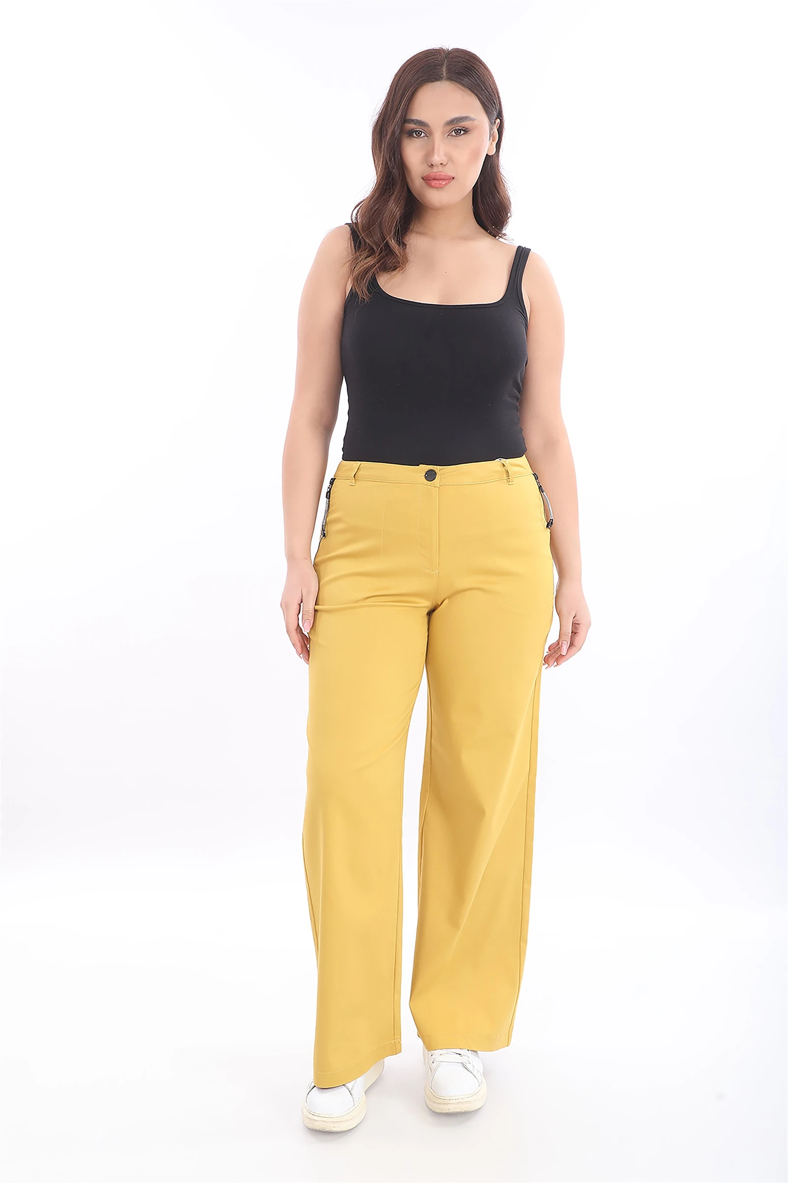 Yazlık Cepleri Fermuarlı Boru Paça Pantolon - Sarı