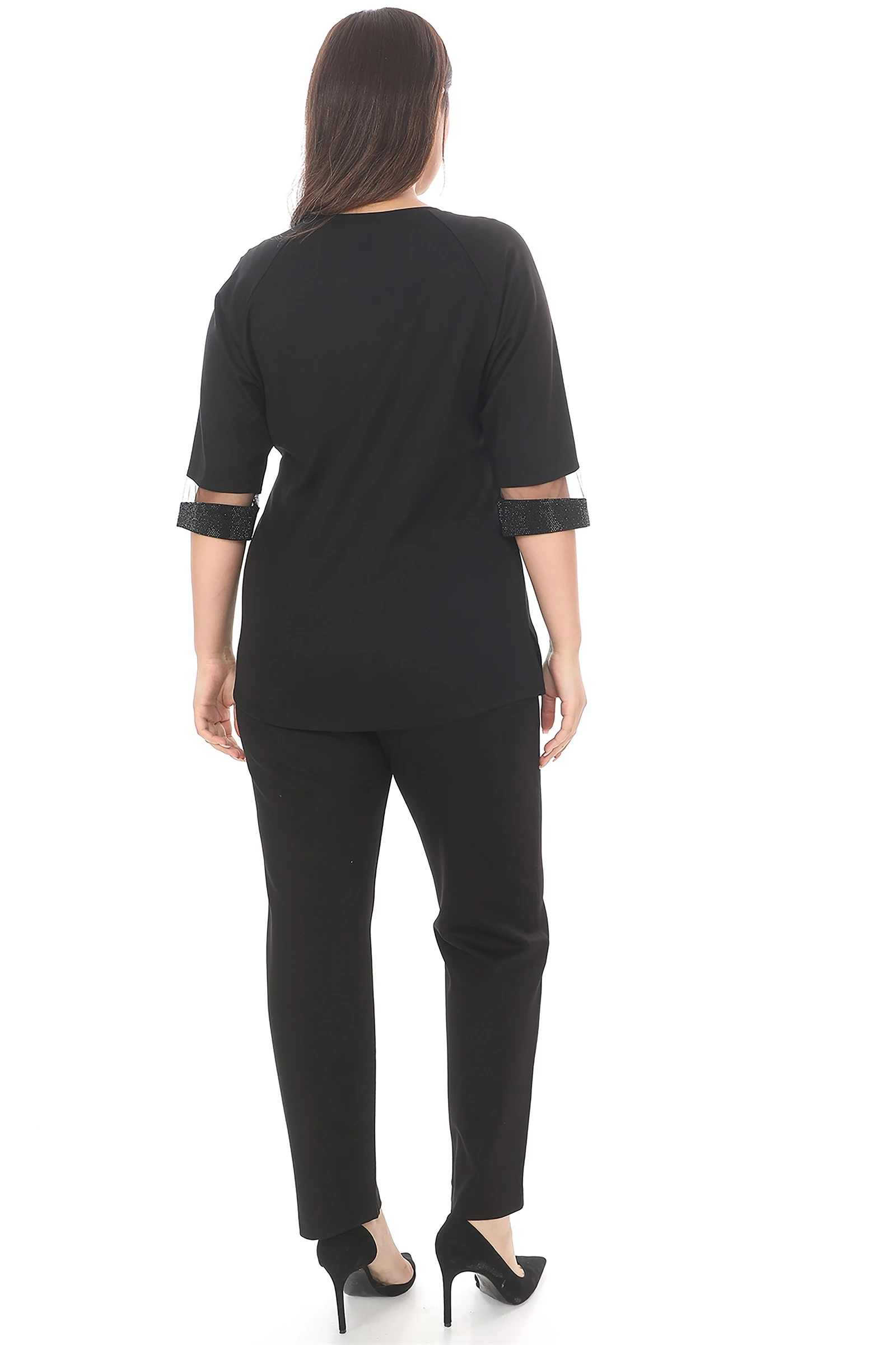 Sezonluk Kol Yanları Taşlı Pantolon Bluz Takım - Siyah