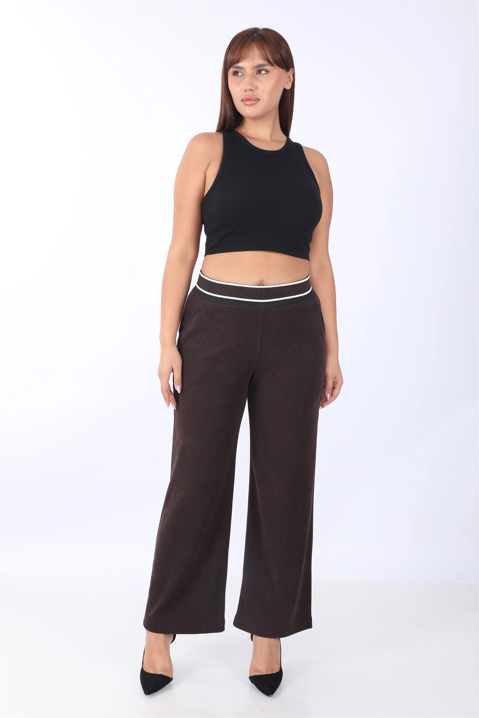 Kışlık Beli Ribanalı Cepli Boru Paça Pantolon - Kahverengi