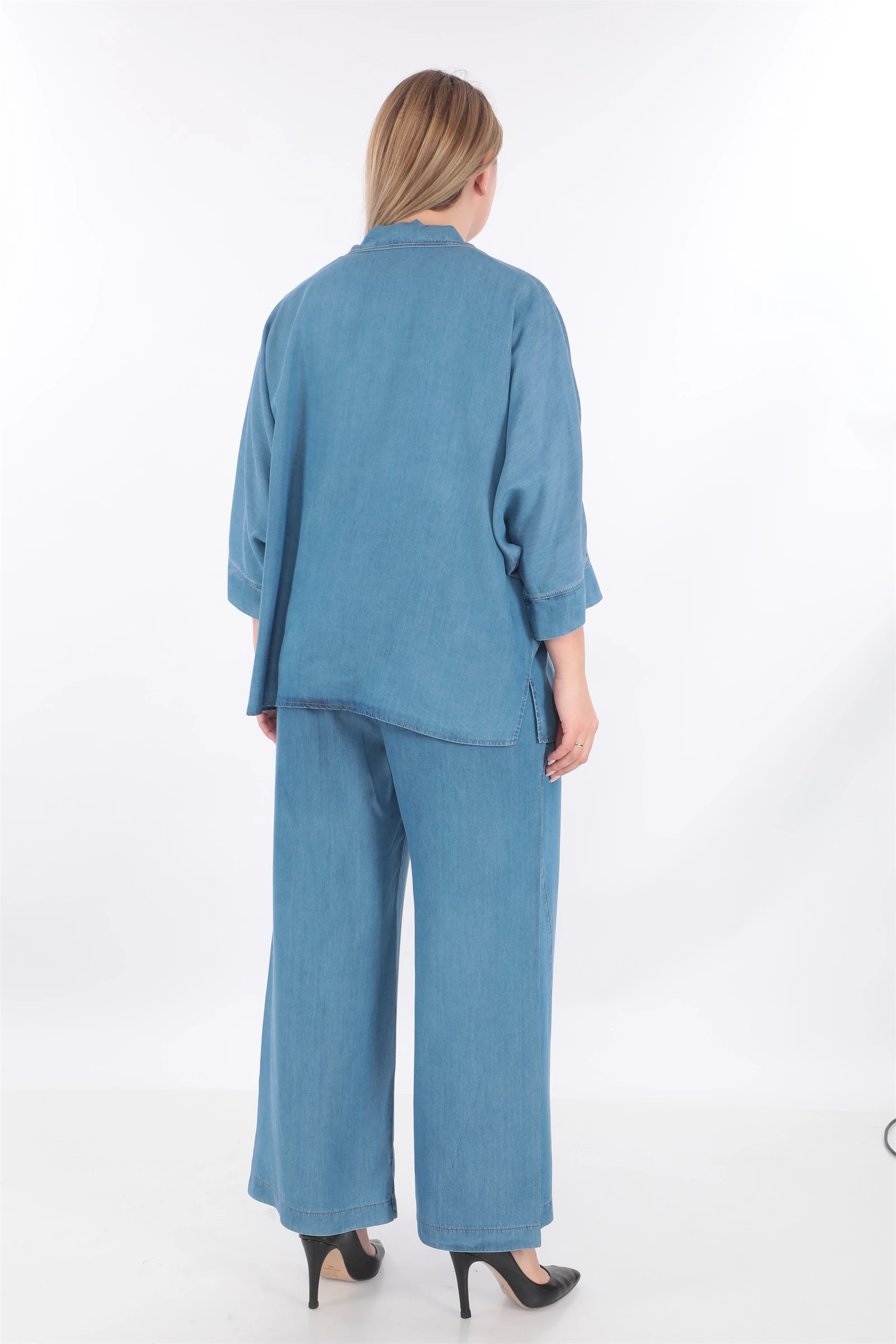 Yazlık Renkli Dikişli Cepli 3'lü Tensel Takım - Buz Mavisi