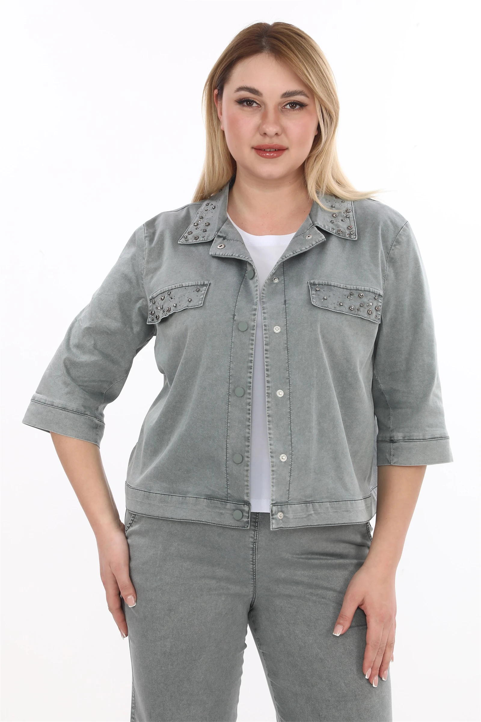 Yazlık Ceketi Çıt Çıt'lı Taş İşlemeli 3'lü Takım - Haki