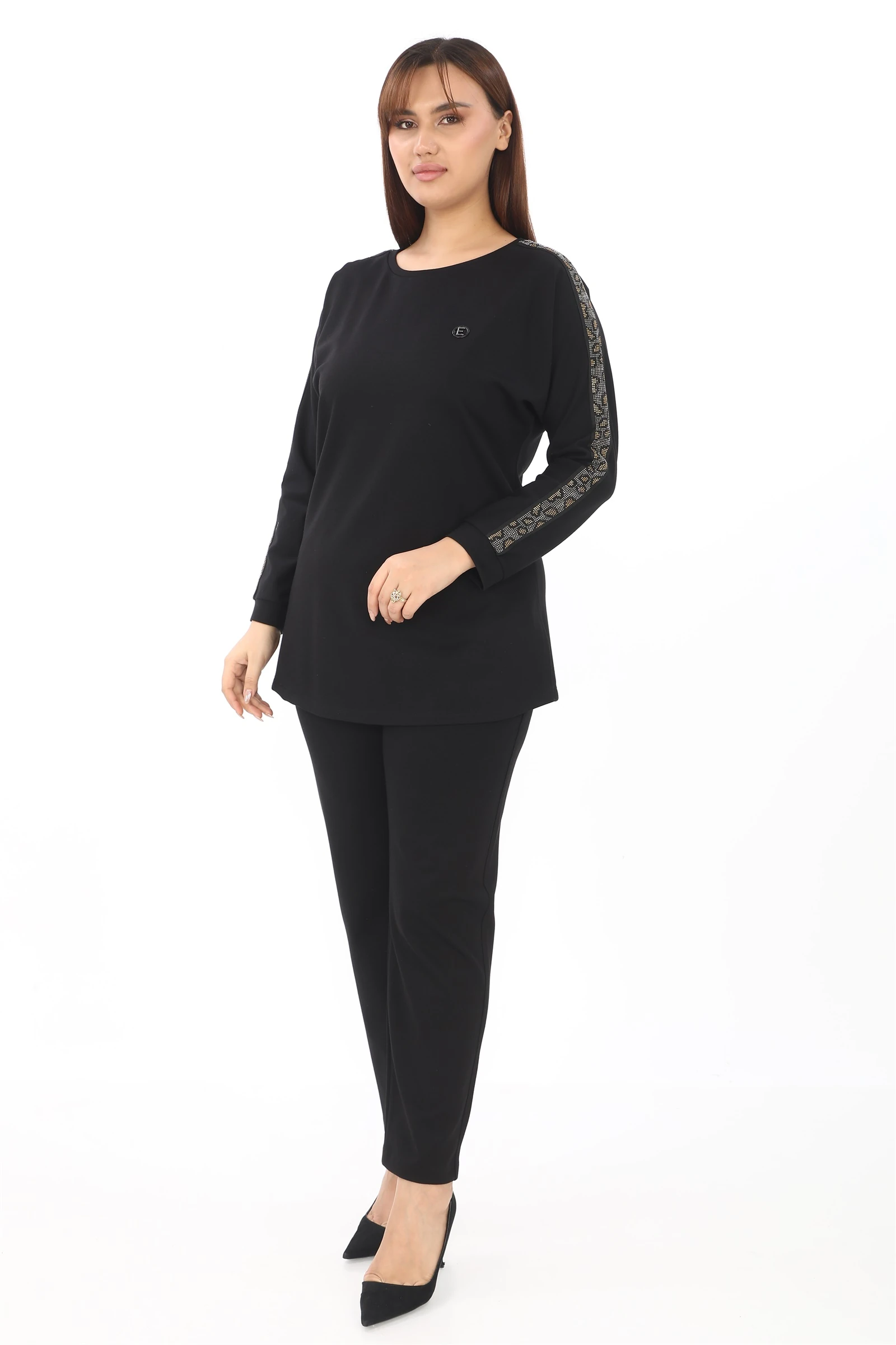 Sezonluk Kol Yanları Yılan Desen Taşlı Pantolon Bluz Takım