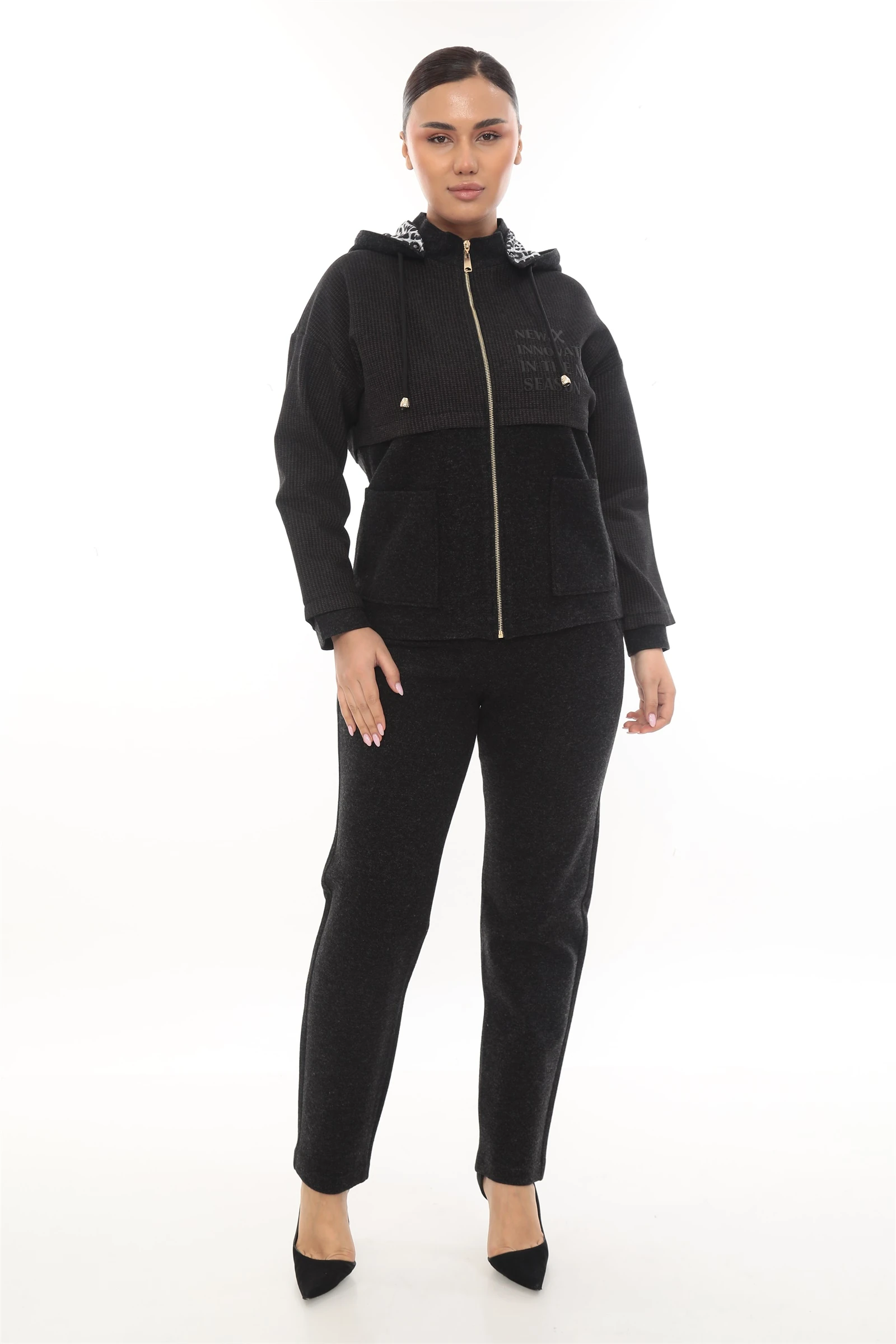 Kışlık Fermuarlı Kapşonlu Baskılı Alt-Üst Takım