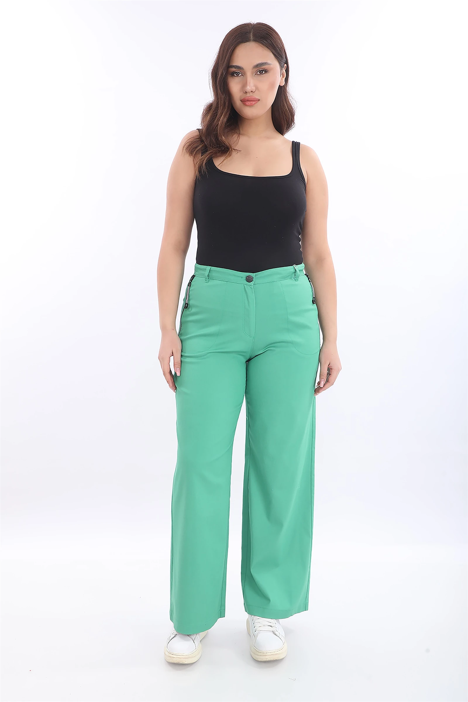 Yazlık Cepleri Fermuarlı Boru Paça Pantolon - Yeşil