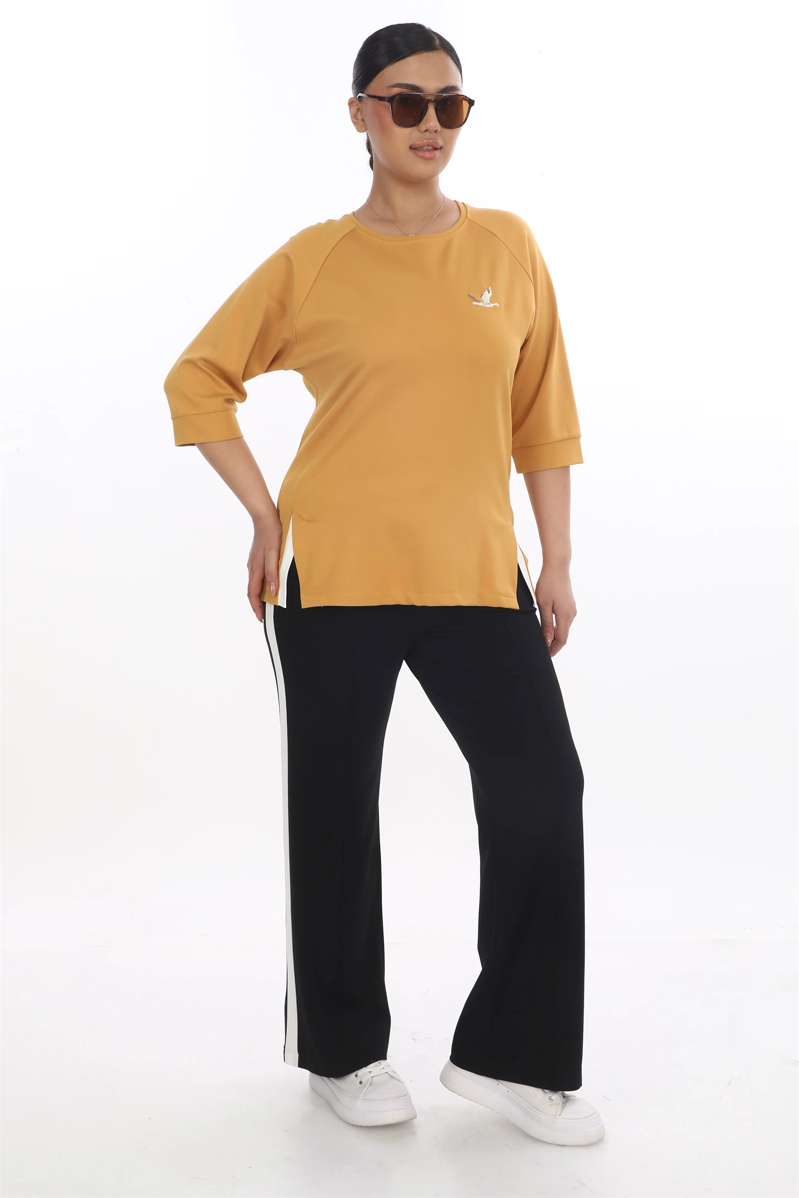 Sezonluk Kuş Nakışlı İpli 2Li Eşofman Takım - Hardal