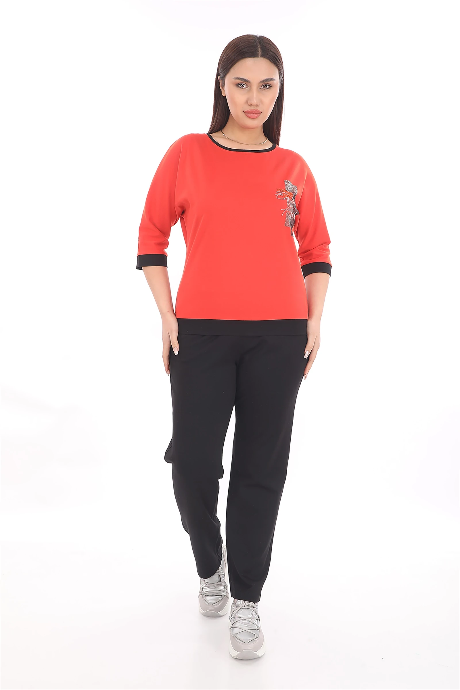 Yazlık Taşlı Beli Lastikli Eşofman Takım - Oranj