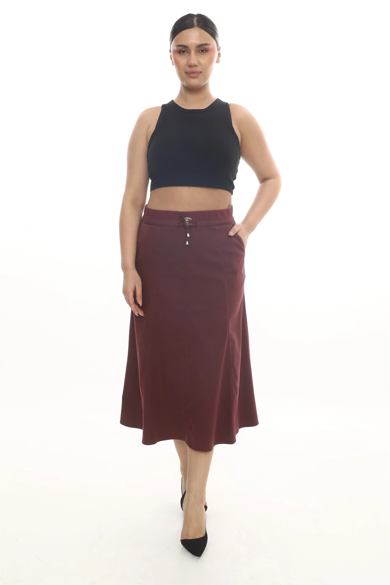 Sezonluk Beli Lastikli Bağcıklı Düz Etek