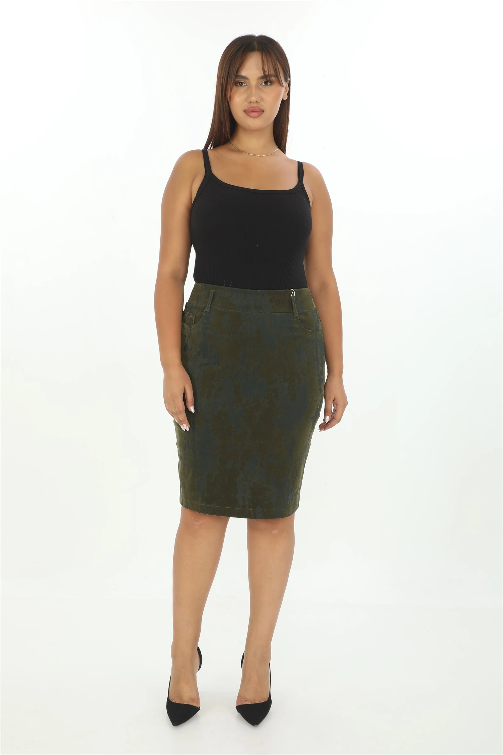 Kışlık Varak Baskılı Kalem Etek - Haki