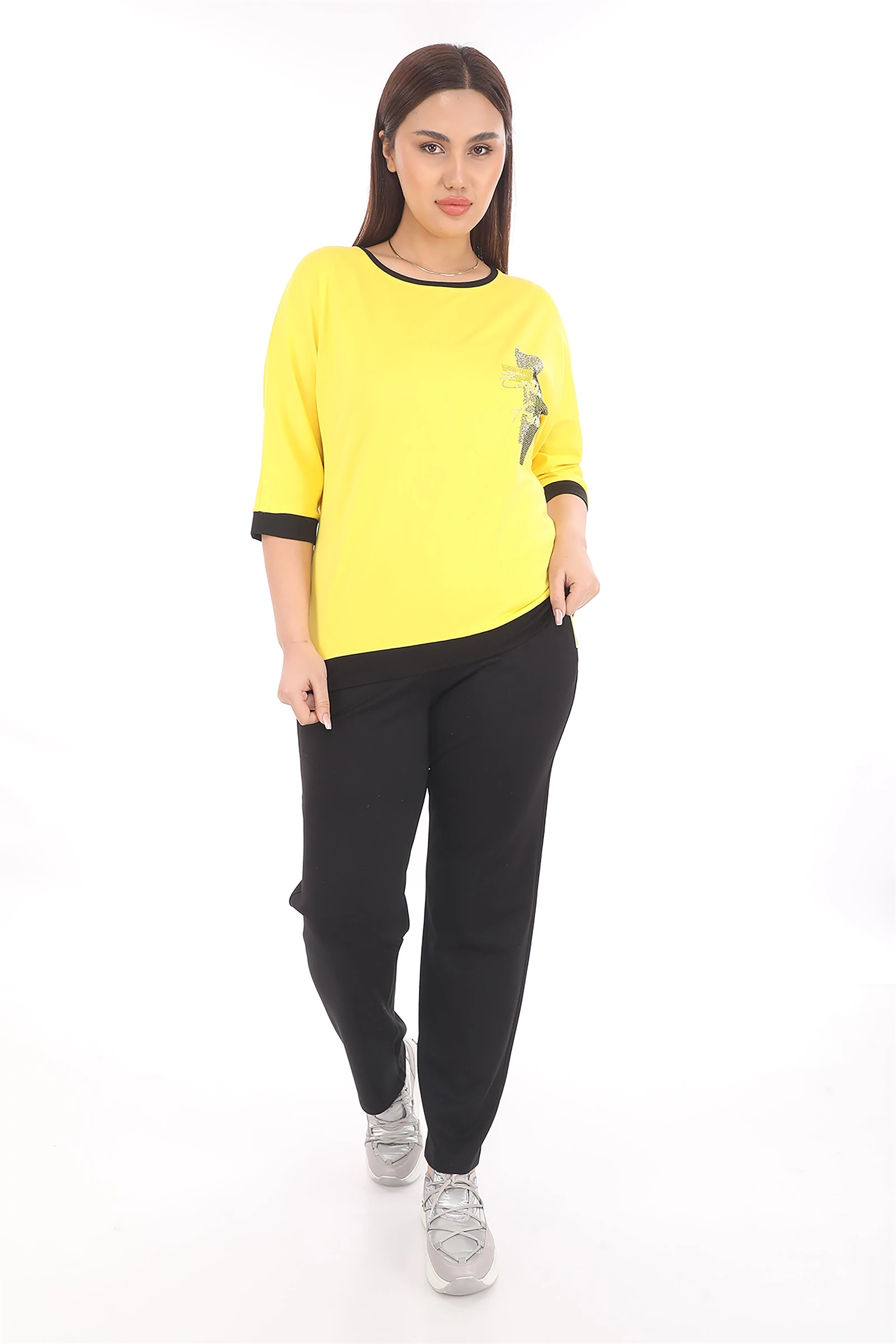 Yazlık Taşlı Beli Lastikli Eşofman Takım - Sarı