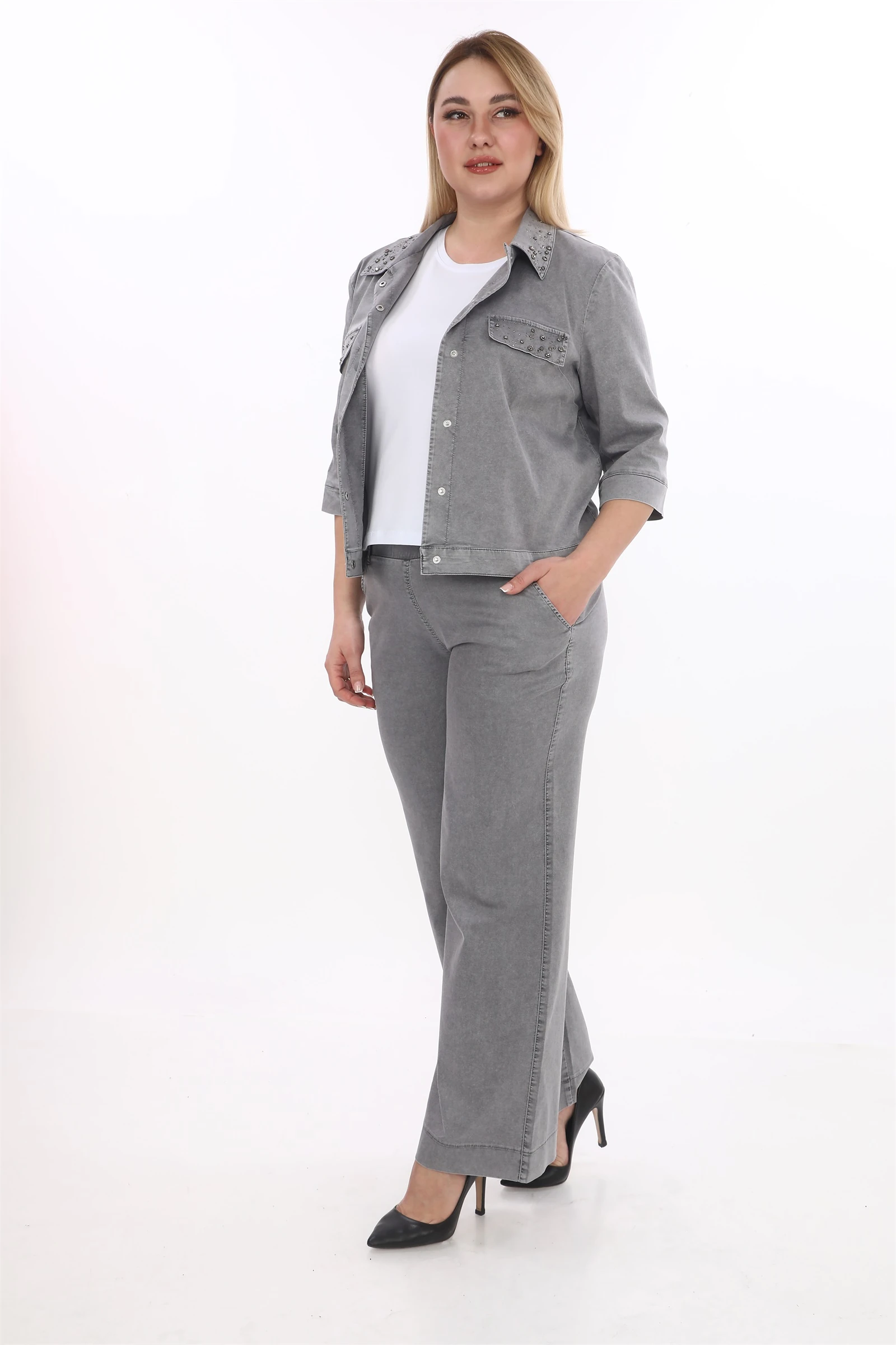 Yazlık Ceketi Çıt Çıt'lı Taş İşlemeli 3'lü Takım - Füme