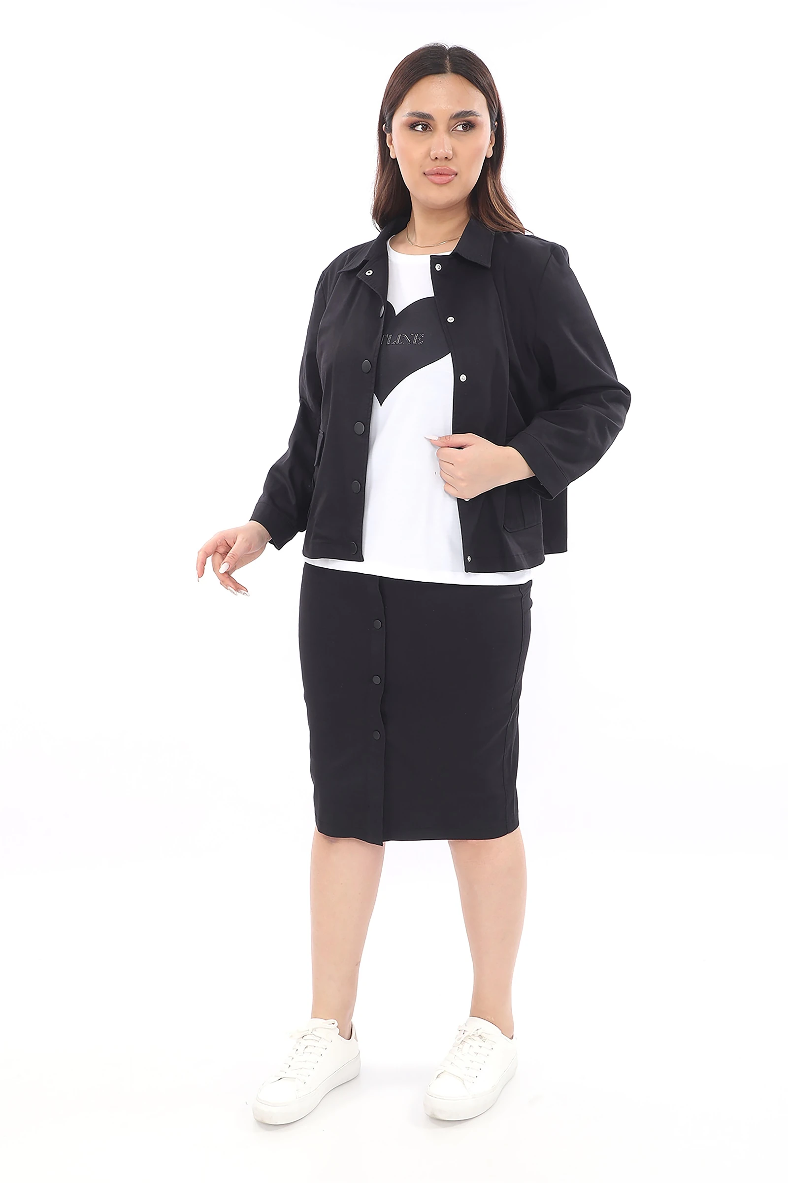 Yazlık Eteği & Ceketi Düğmeli T-Shirt'ü Baskılı 3'lü Takım - Siyah