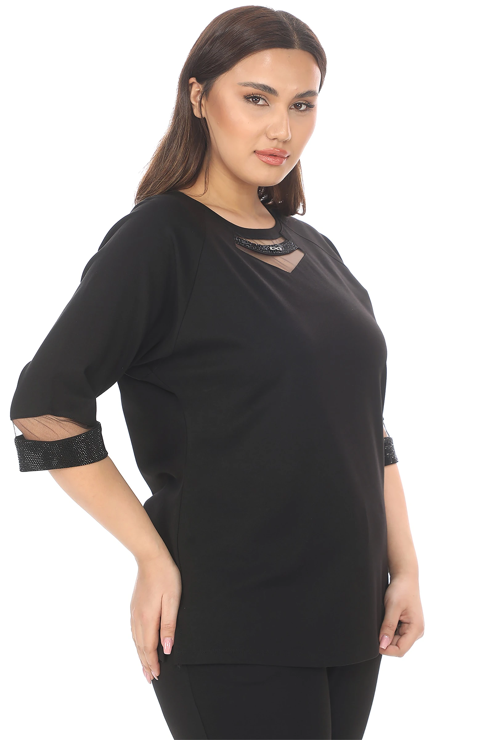 Sezonluk Kol Yanları Taşlı Pantolon Bluz Takım - Siyah