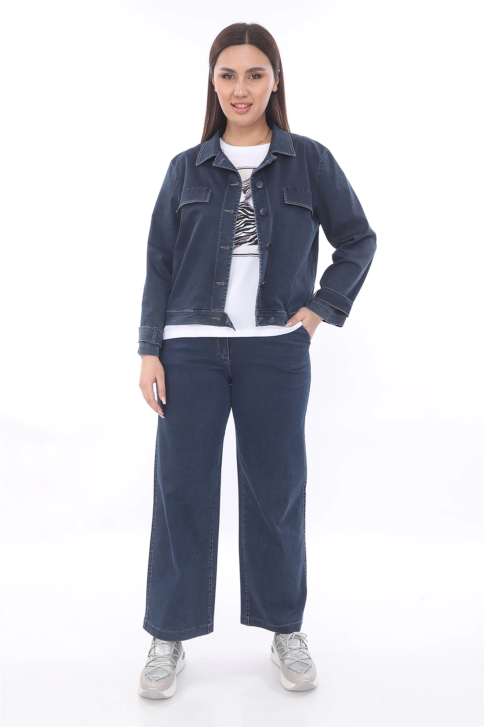 Sezonluk Pantolon Ceket T-shirt'ü Taşlı Baskılı Esnek Denim 3'lü Takım