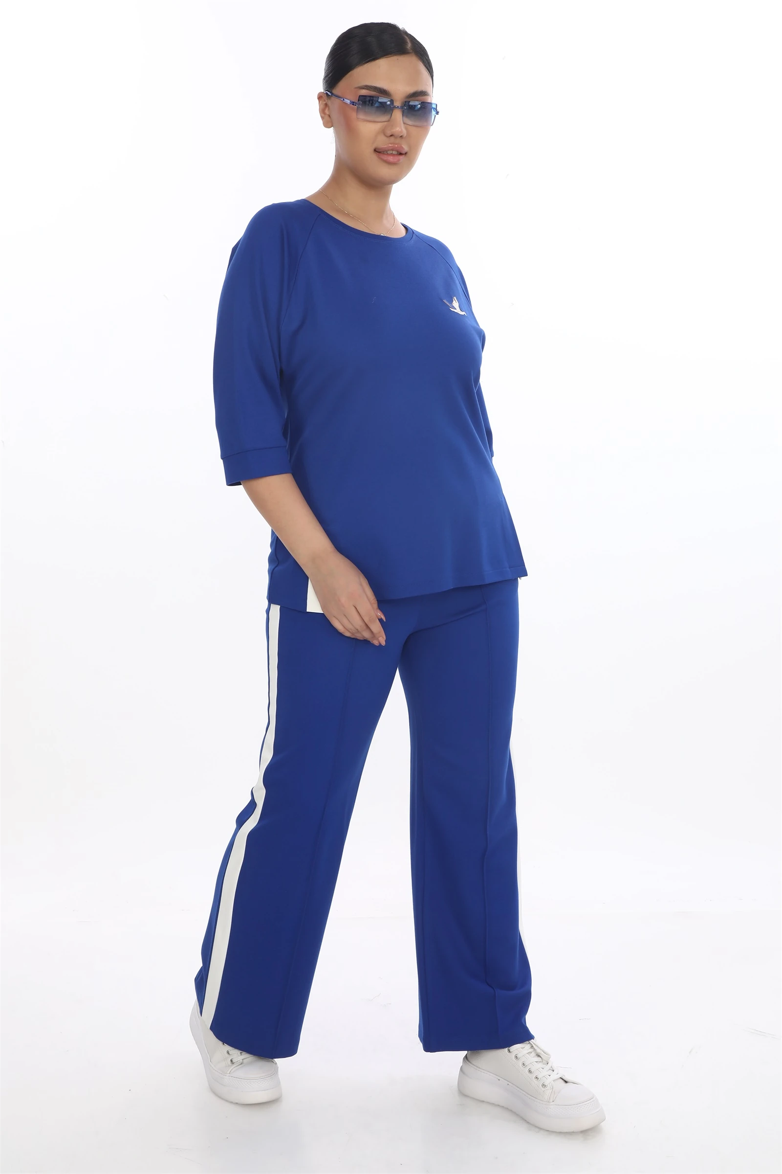 Sezonluk Kuş Nakışlı İpli 2Li Eşofman Takım - Saks