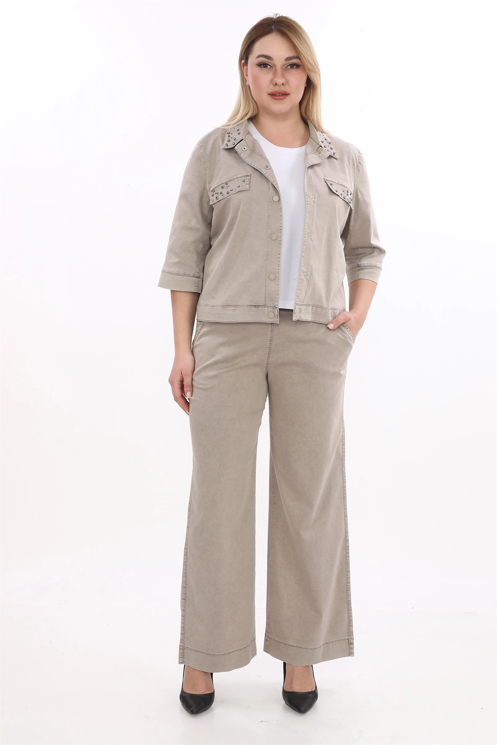 Yazlık Ceketi Çıt Çıt'lı Taş İşlemeli 3'lü Takım - Vizon