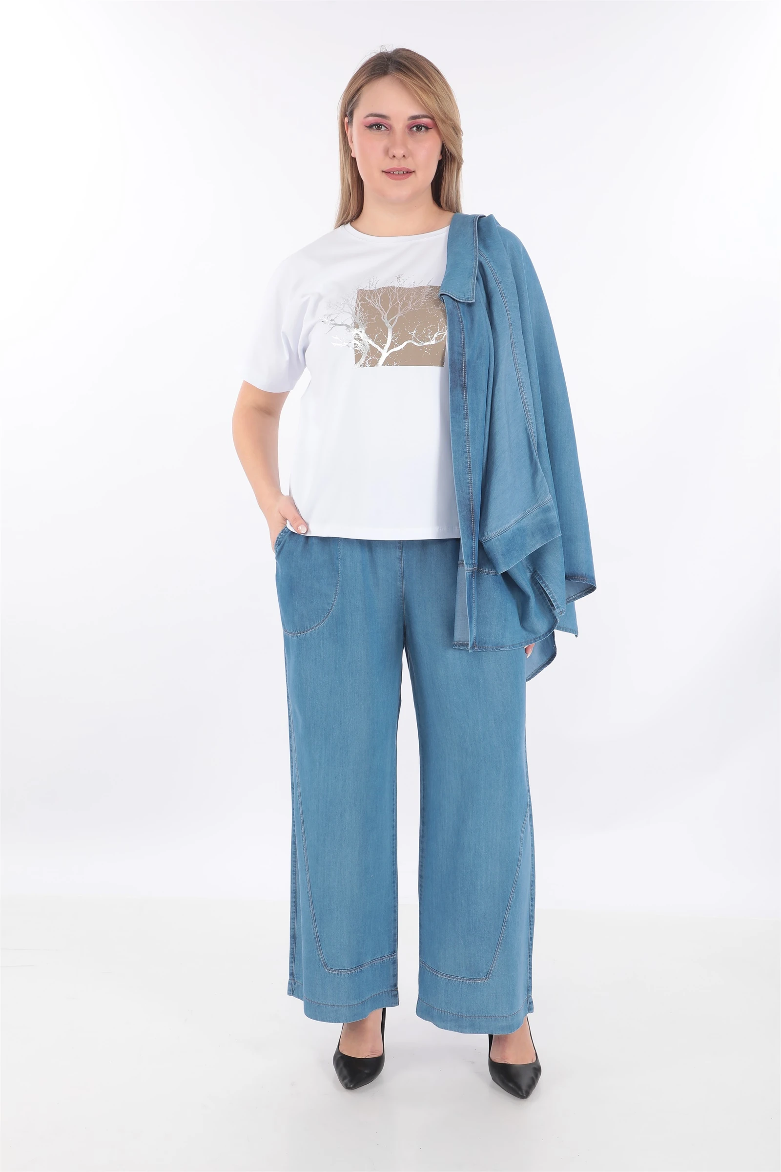 Yazlık Renkli Dikişli Cepli 3'lü Tensel Takım - Buz Mavisi