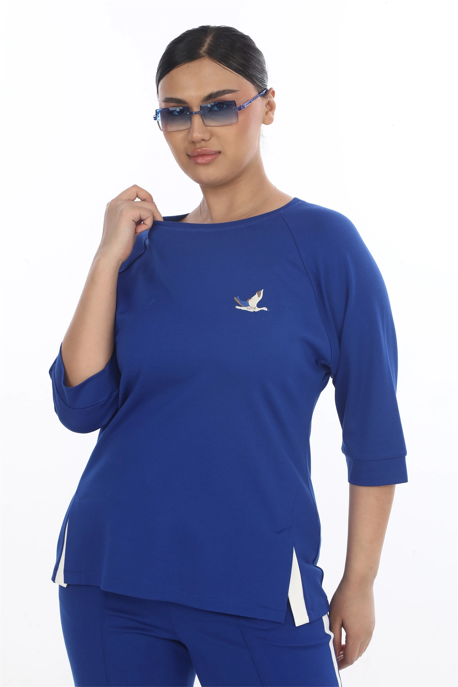 Sezonluk Kuş Nakışlı İpli 2Li Eşofman Takım - Saks