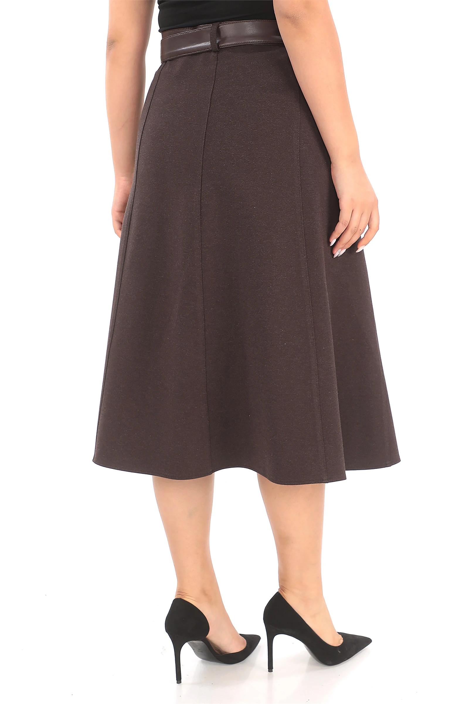 Kışlık Yırtmaç Detaylı Kemeri Derili Kaşe Etek