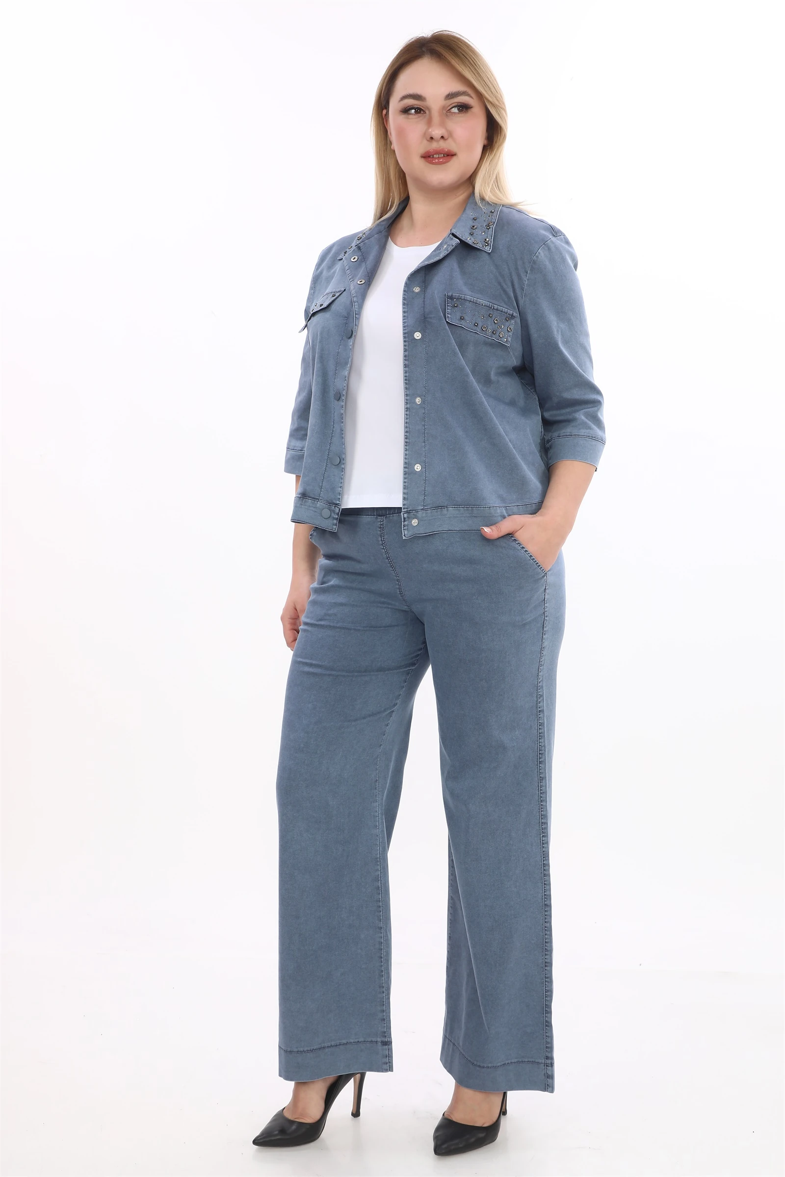 Yazlık Ceketi Çıt Çıt'lı Taş İşlemeli 3'lü Takım - Lacivert