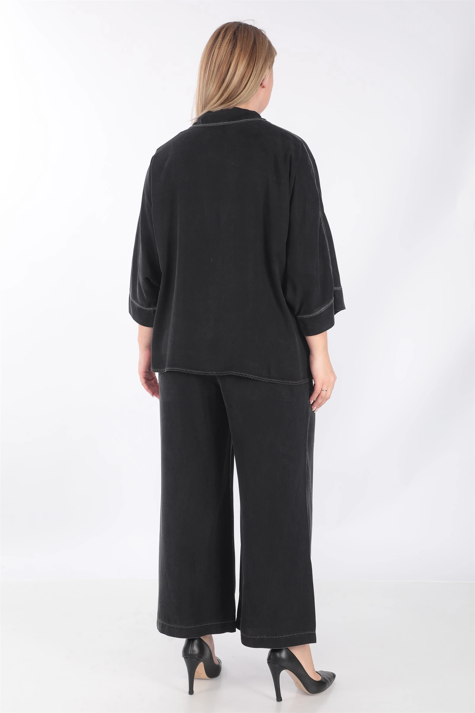 Yazlık Renkli Dikişli Cepli 3'lü Tensel Takım - Siyah