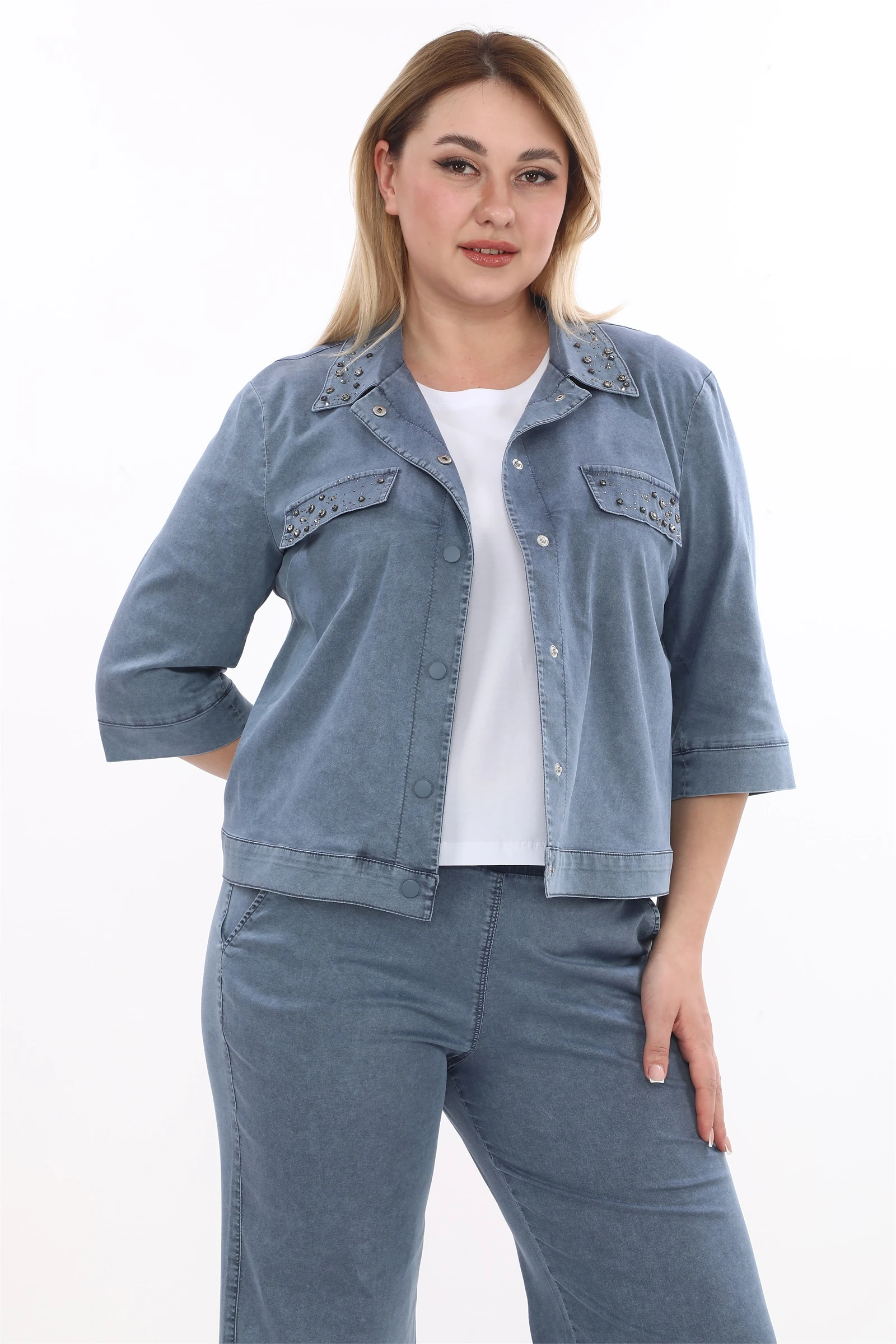 Yazlık Ceketi Çıt Çıt'lı Taş İşlemeli 3'lü Takım - Lacivert