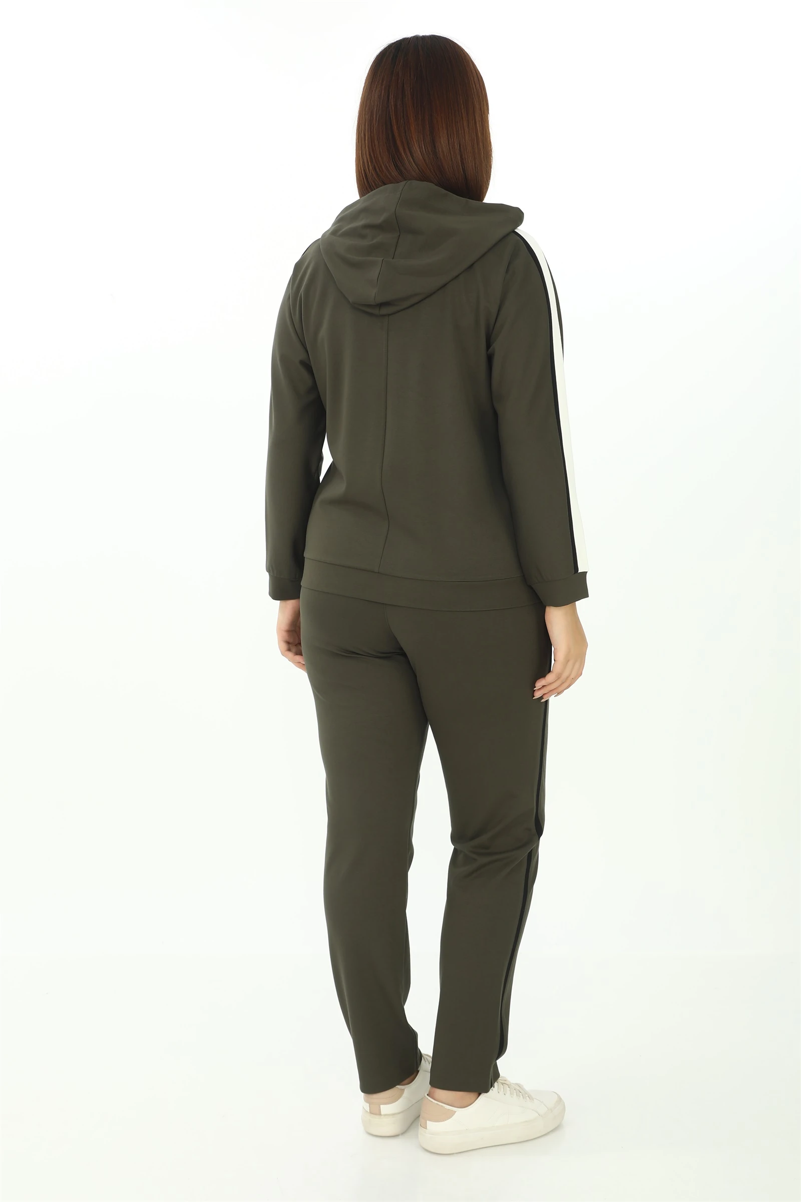 Sezonluk Şeritli Cepli Taşlı Aksesuarlı Kapşonlu Eşofman Takımı - Haki