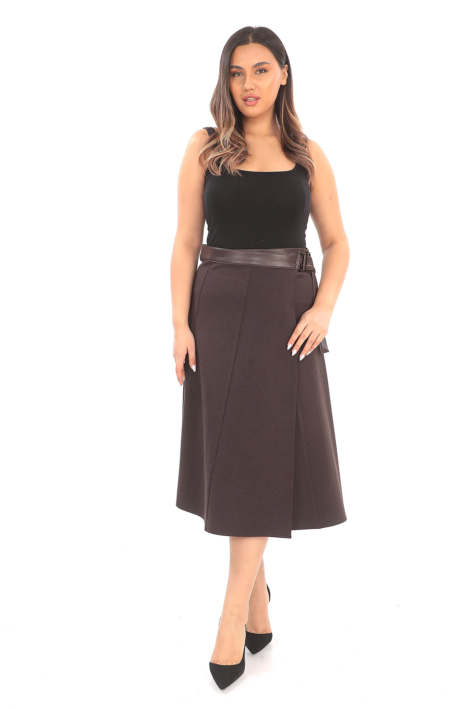 Kışlık Yırtmaç Detaylı Kemeri Derili Kaşe Etek