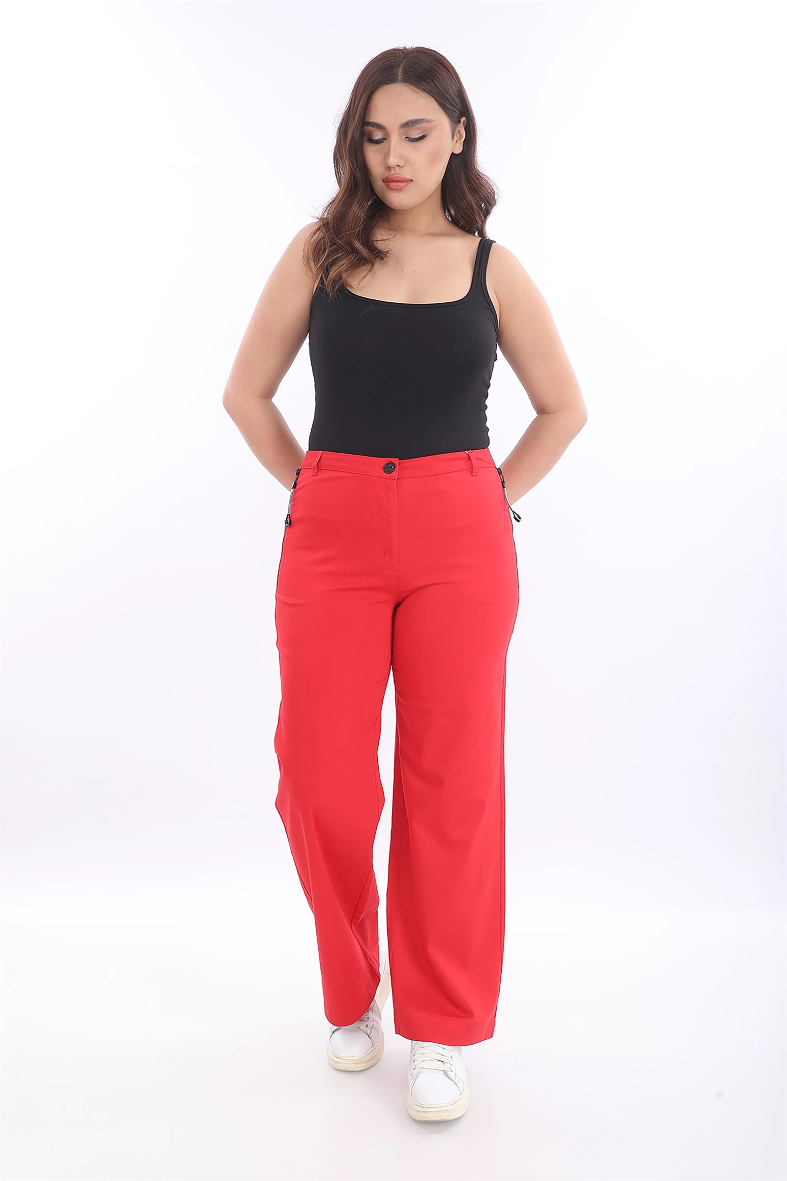 Yazlık Cepleri Fermuarlı Boru Paça Pantolon - Kırmızı