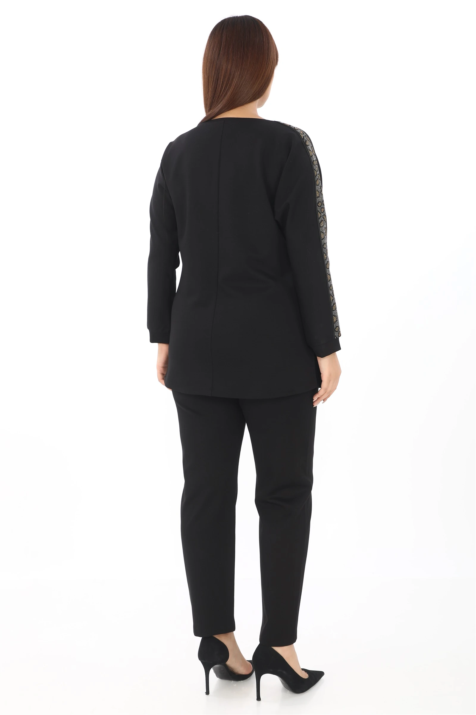 Sezonluk Kol Yanları Yılan Desen Taşlı Pantolon Bluz Takım