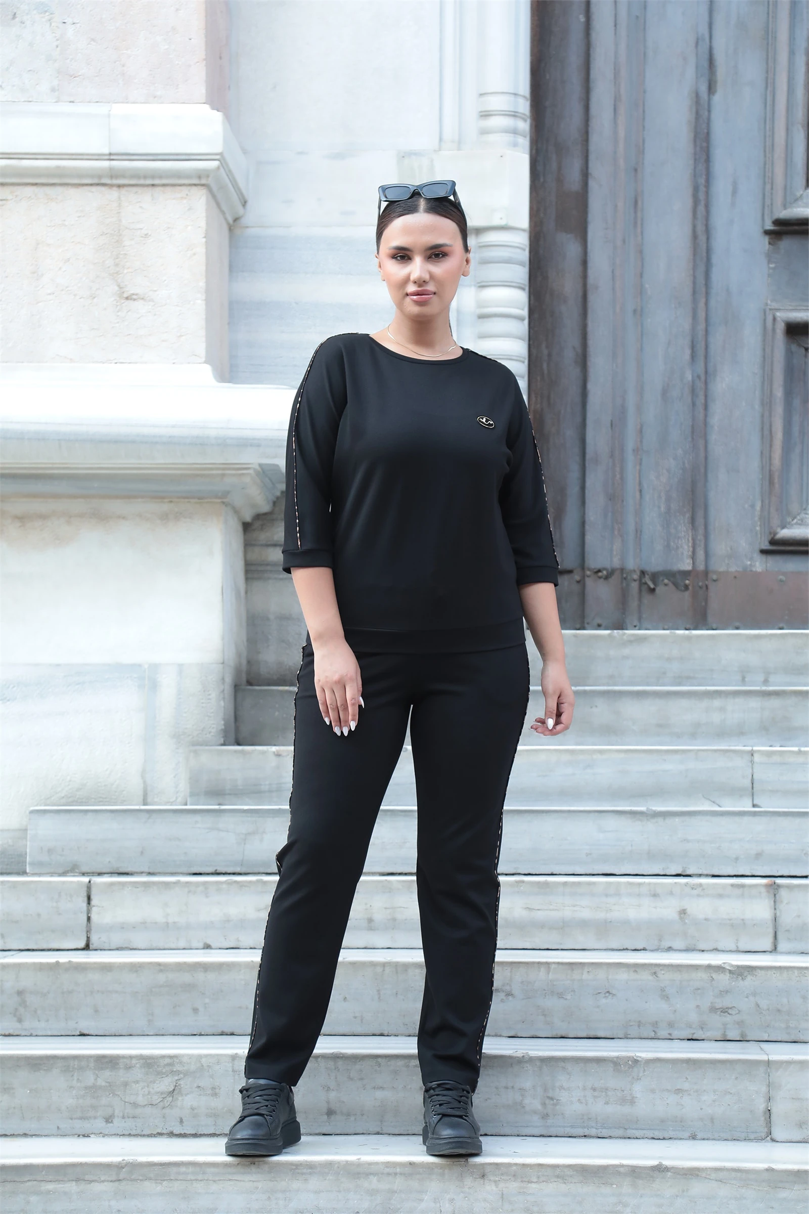 Sezonluk Yanları Şeritli Eşofman Takım - Siyah-Gri