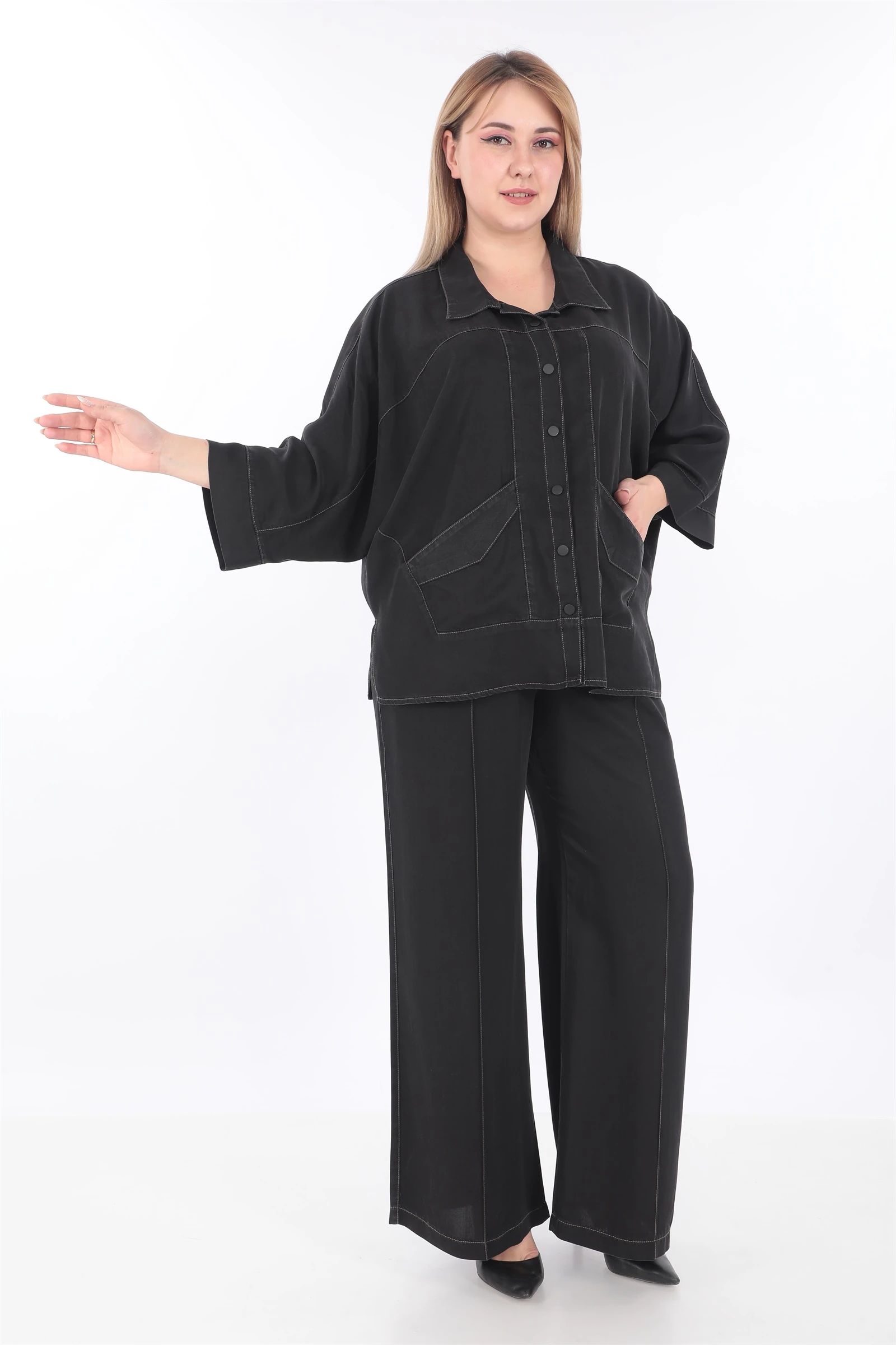 Yazlık Ceketi Çıt Çıt'lı Vizon İp Dikişli 2'li Takım - Siyah