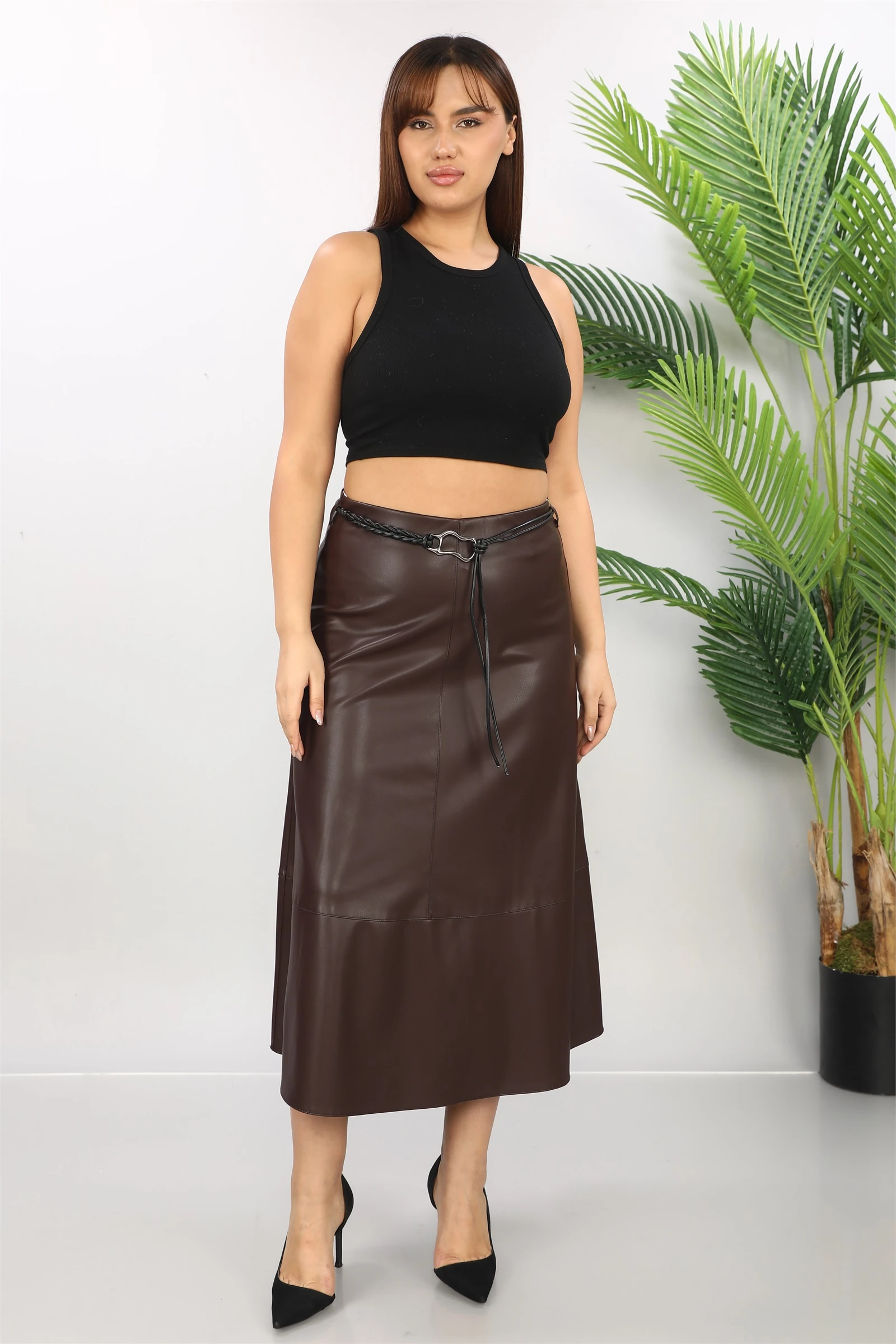 Kışlık Kemerli Suni Deri Etek - Kahverengi