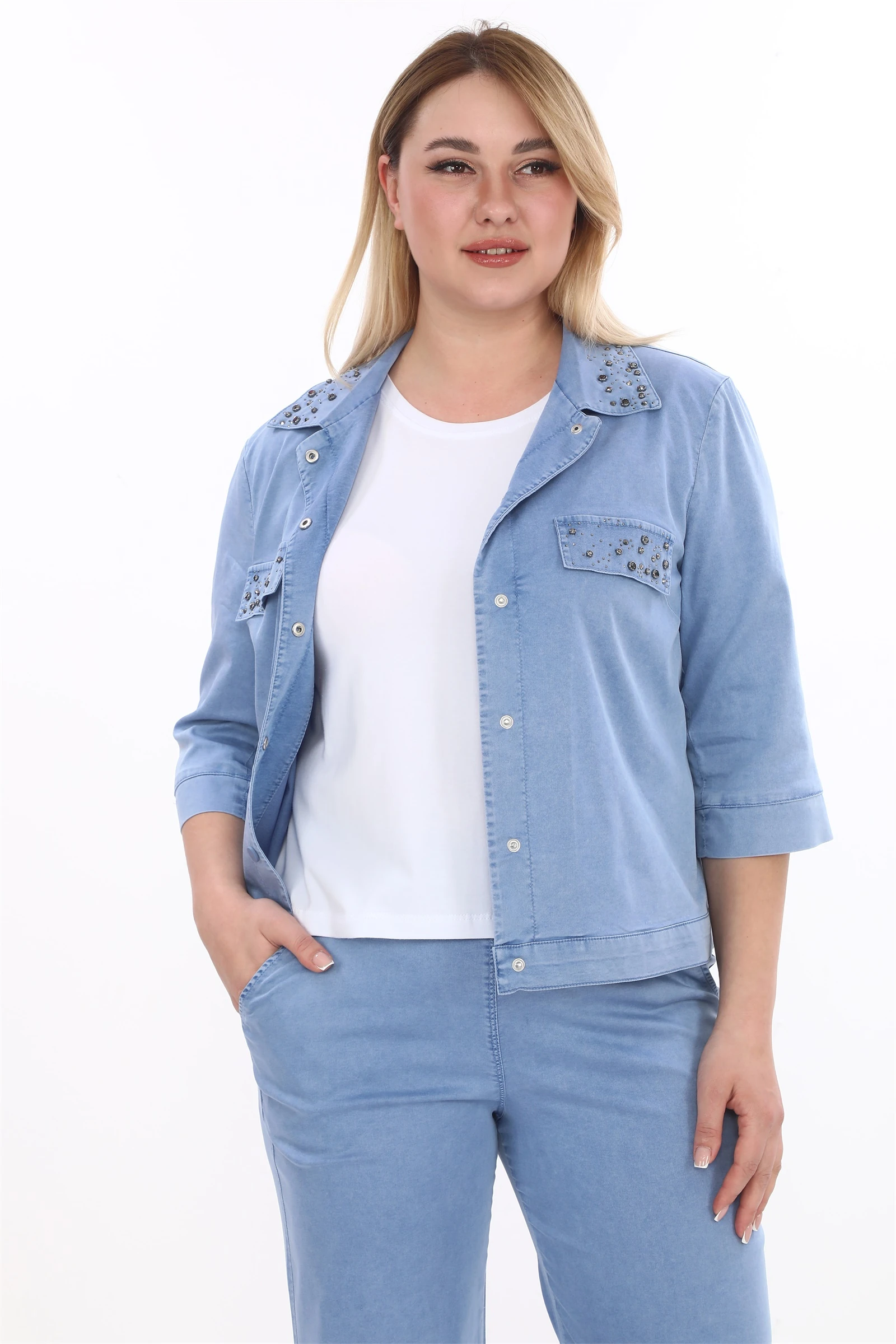 Yazlık Ceketi Çıt Çıt'lı Taş İşlemeli 3'lü Takım - İndigo